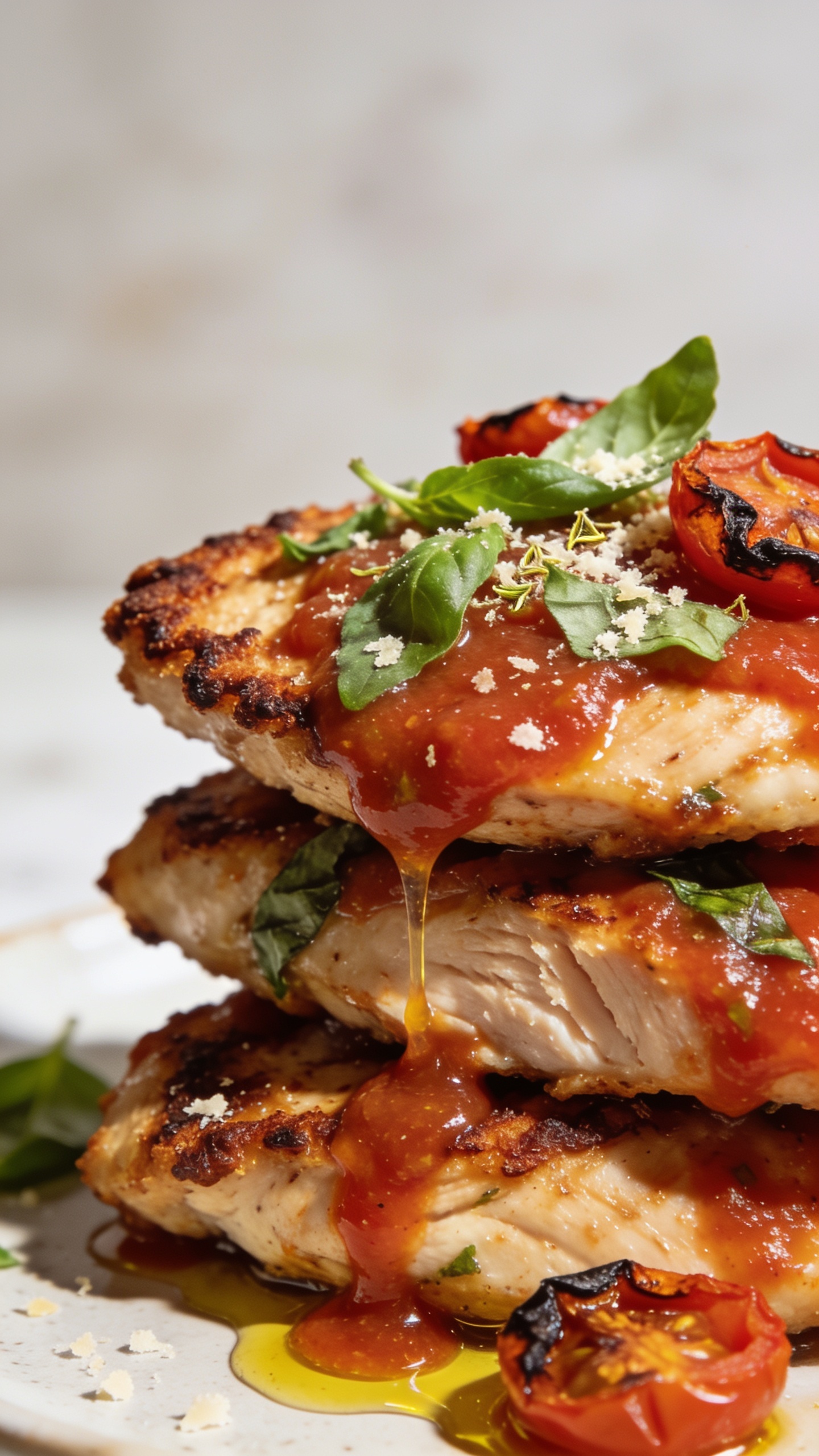Extreme close-up from a low 3/4 angle of the same finished dish: overlapping chicken cutlets with well-defined crispy browned edges and juicy interiors, deeply lacquered in tomato basil sauce; spooned-on sauce forming inviting glossy pools, olive oil sheen catching the light; torn basil leaves and micro-grated Parm dusting lightly over the top; a few charred tomato skins adding texture; bright natural light, shallow depth of field isolating the front edge of the chicken, soft neutral background blur; food fills 90–95% of the frame, rich textures front and center.