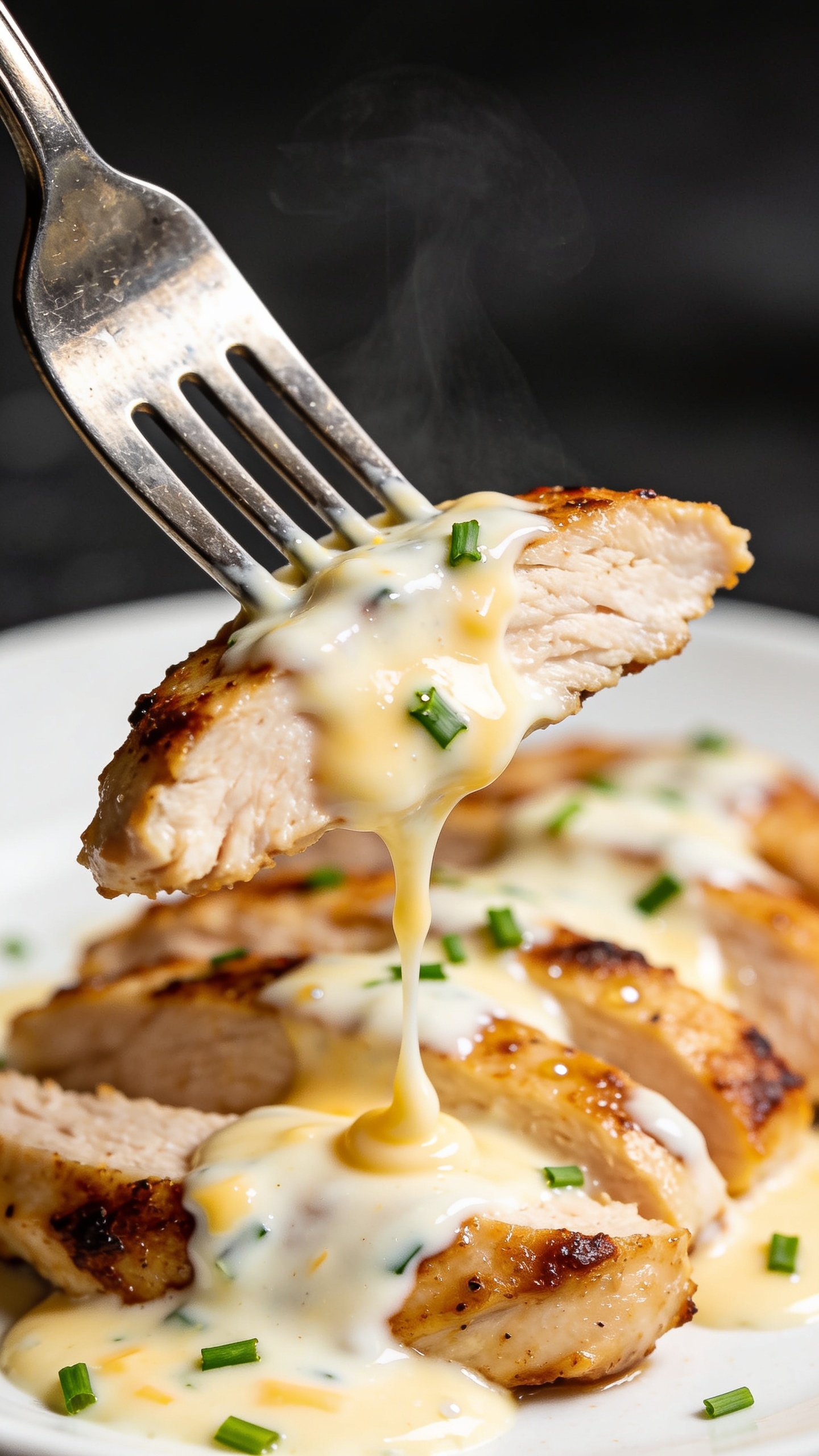 Dynamic bite moment: A polished dinner fork lifting the perfect bite—one juicy slice of seared chicken dripping with the glossy white cheddar–Greek yogurt sauce, a delicate cheese pull trailing from the plate, tiny flecks of chive clinging to the sauce. Captured one second before the bite, no hands visible, food filling 90–95% of frame. Bright natural light, shallow depth of field, micro-beads of sauce glistening, steam subtly rising, the rest of the sliced chicken and sauce blurred attractively below.