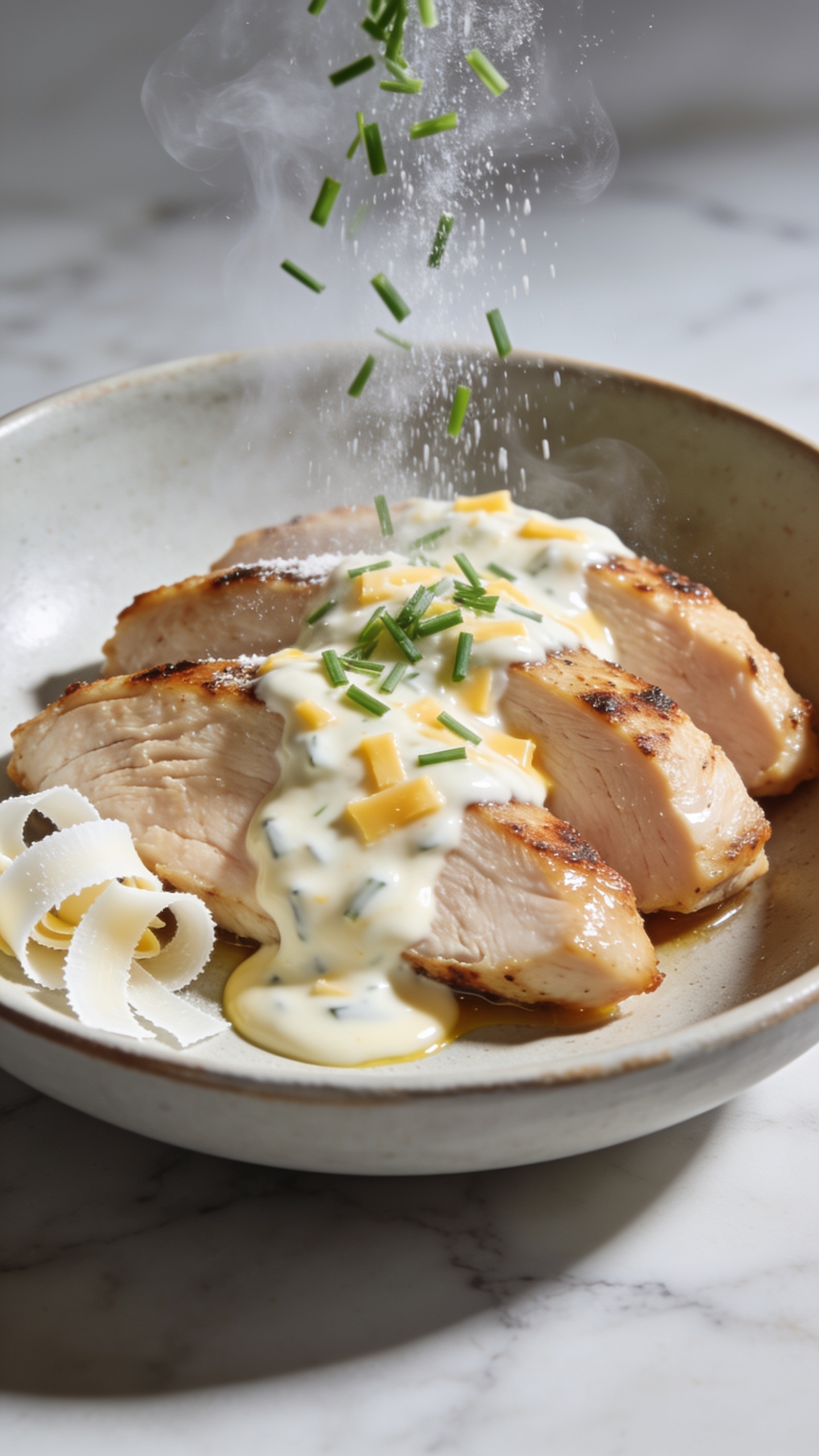 Angle variation plate beauty: Three overlapping slices of seared chicken fanned in a shallow bowl, generously napped with the creamy white cheddar–Greek yogurt sauce, with a small sauce pool at the base. Additional fine rain of chives mid-air frozen over the dish, a few shaved white cheddar curls tucked at the edge for detail, steam wisping upward. Bright natural lighting, shallow depth of field, tight crop emphasizing juicy texture, glossy sauce, and vibrant green herb contrast on a neutral marble background.