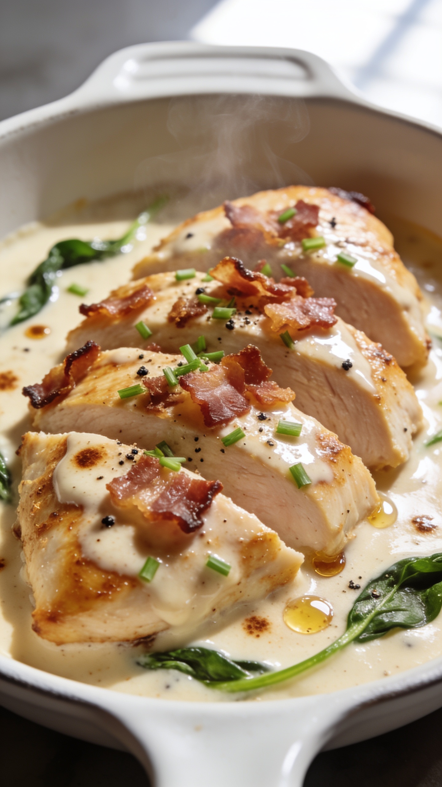 Ultra close-up hero shot of High Protein Creamy Bacon Chicken: golden pan-seared chicken breasts sliced on a slight bias, smothered in a glossy, velvety cream sauce with visible browned fond speckles; crisp crumbled bacon scattered on top, tiny pools of rendered bacon fat shimmering; finely chopped fresh chives and cracked black pepper sprinkled over; a few wilted baby spinach ribbons peeking through the sauce; served in a shallow white ceramic skillet-style dish with high edges; backlit with bright natural window light, shallow depth of field, creamy bokeh; food fills 90–95% of frame, textures sharp—crispy bacon edges, juicy chicken, silky sauce, light steam rising subtly.