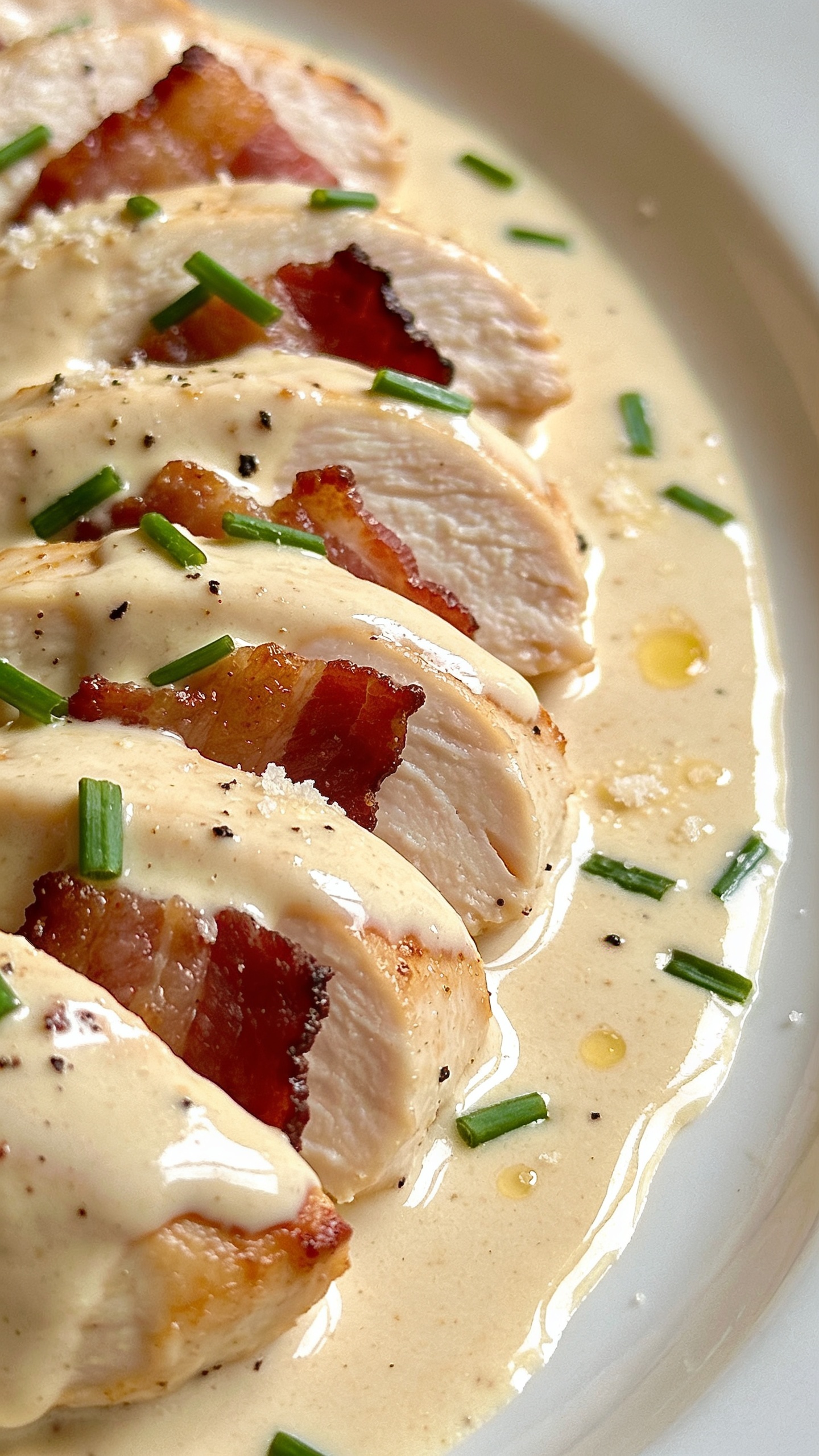 Macro close-up from a 45-degree angle: focus on one sliced chicken breast fanned out, each slice glistening with thick cream sauce; crispy bacon pieces nested in the sauce, edges mahogany and craggy; vivid green chives sprinkled unevenly; faint specks of black pepper and a touch of grated parmesan melting into the sauce surface; a slick, reflective sheen where the sauce pools along the curve of the plate; bright natural side lighting, shallow depth of field with creamy background blur; food dominates 90–95% of frame.