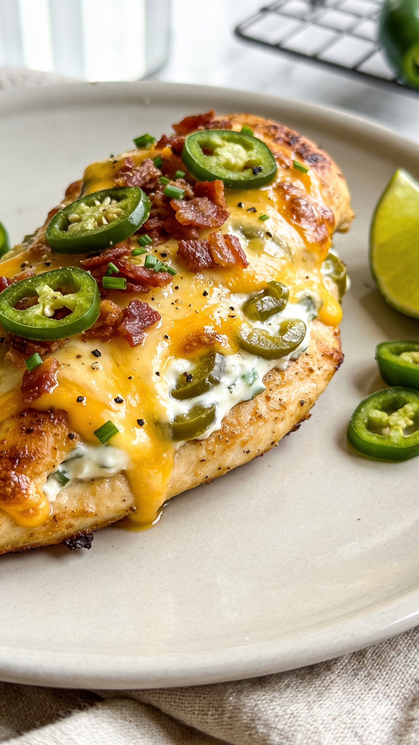 Ultra-close-up hero shot of High Protein Jalapeño Popper Chicken: golden-brown, pan-seared chicken breast baked and blanketed with a creamy jalapeño cream cheese and Greek yogurt filling, rippled with melted sharp cheddar and mozzarella, topped with finely sliced fresh jalapeños and crisped smoky bacon crumbles. Cheese is glossy and lightly blistered with caramelized edges; a few flecks of chopped fresh chives and cracked black pepper on top. Plate the single chicken breast on a matte off-white ceramic plate with minimal garnish of lime wedge halves and a few jalapeño rings at the edge, no text. Bright natural window light from the left, soft reflector on the right, shallow depth of field to blur a neutral linen and a subtle cooling rack in the background. Food fills 90–95% of frame, emphasizing juicy chicken, bubbling cheese, crispy bacon bits, and vibrant green jalapeños; premium food-blog styling, clean and modern.