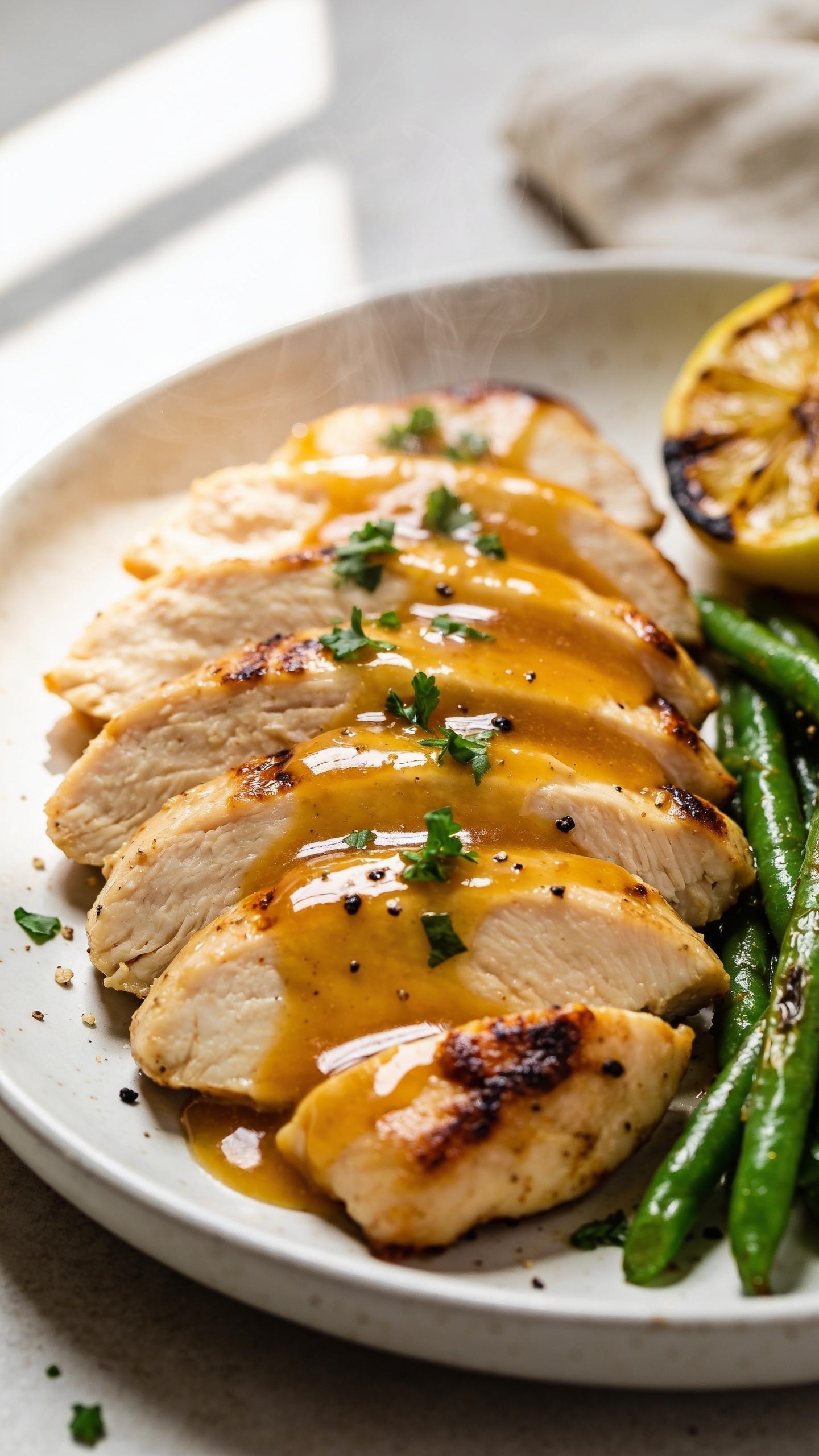 Extreme close-up hero shot of High Protein Honey Mustard Chicken: juicy boneless chicken breasts sliced and fanned on a white ceramic plate, thick glossy golden honey-mustard glaze clinging and pooling slightly, caramelized edges with light char from pan sear, fine chop of fresh parsley sprinkled over, a few coarse black pepper flecks, and a side of vibrant roasted green beans and charred lemon wedge slightly out of focus. Bright natural window light from the left, soft shadows, shallow depth of field, premium food-blog styling, 90–95% frame filled with the chicken and sauce, subtle steam visible, clean neutral backdrop and linen napkin barely peeking in the background.