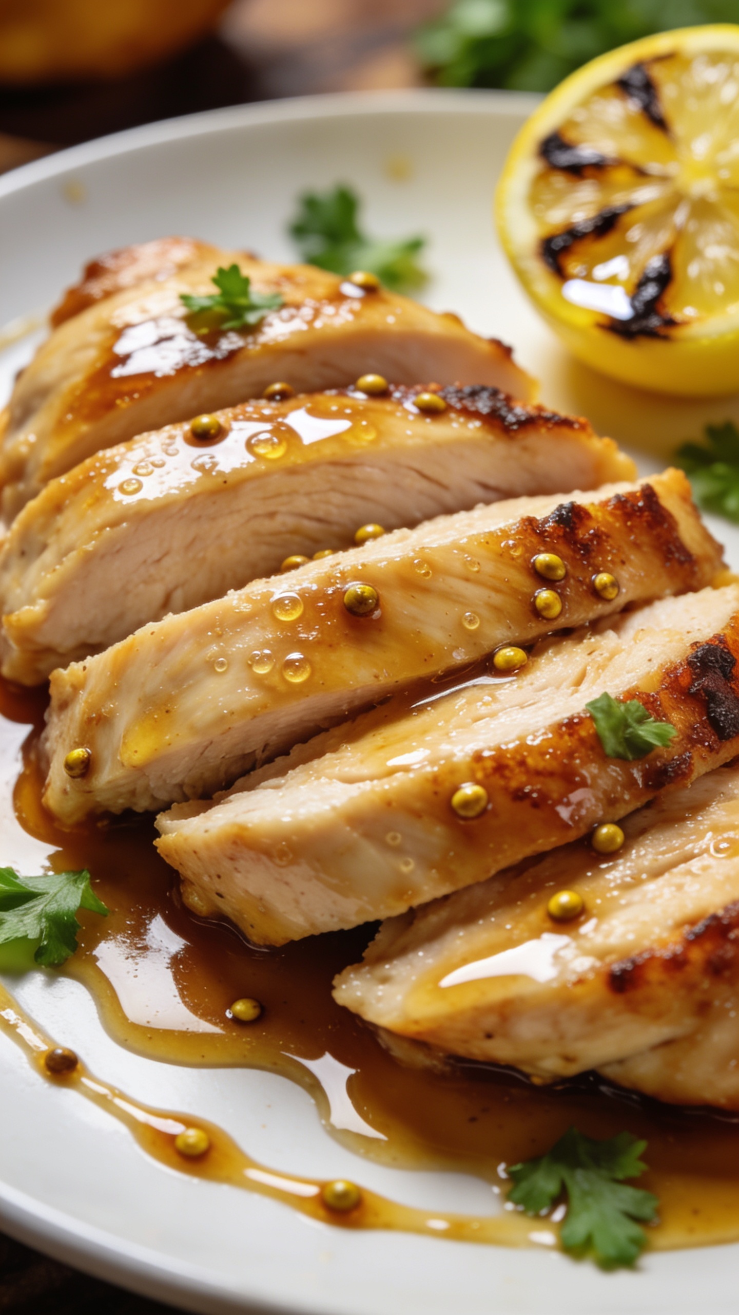 Macro close-up from a low 3/4 angle of the same finished dish: chicken breasts sliced and stacked slightly overlapping to showcase juiciness and grain, glaze lacquered and reflective with micro-bubbles, caramelized edges crisp, a few toasted mustard seeds visible in the sauce, finishing drizzle pooling along the plate rim, scattered fresh parsley and a squeeze of charred lemon glistening on the surface. Bright natural side light, shallow depth of field that blurs the background props, 90–95% frame filled with chicken and sauce, premium food-blog styling emphasizing rich textures and vibrant golden tones.