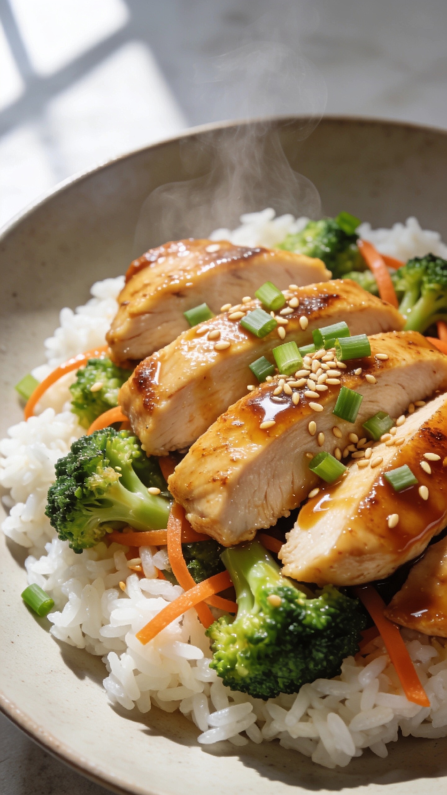 Ultra close-up hero shot of a high-protein chicken broccoli meal prep bowl: glossy, golden-brown seared chicken breast slices fanned over fluffy white jasmine rice, nestled with vibrant emerald broccoli florets and a few thin carrot ribbons for color, all lightly coated in a shiny garlic-soy-honey glaze. Steam rises subtly from the freshly plated food. A sprinkling of finely chopped fresh scallions and toasted sesame seeds adds texture and contrast. Bright natural window light from the left, soft shadows, shallow depth of field that keeps the chicken and broccoli in crisp focus while the background falls creamy. Premium food-blog styling on a neutral matte plate in a minimal setting, food filling 90–95% of the frame, rich textures and saturated, clean colors.