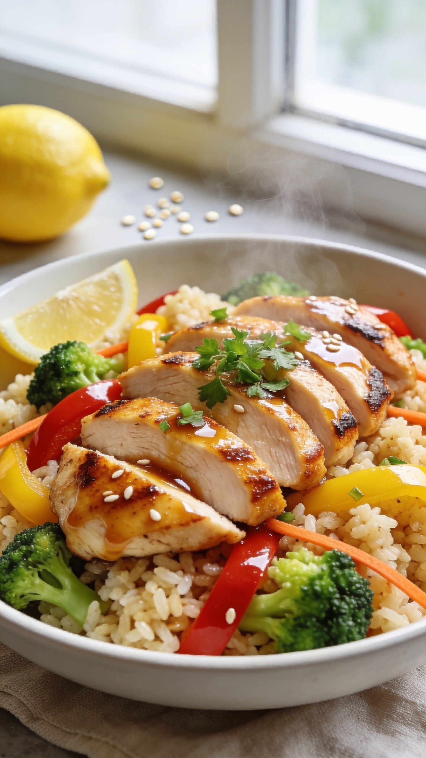 Extreme close-up hero shot of a high-protein chicken cauliflower rice bowl: juicy seared chicken breast sliced into thick, glistening pieces with deep golden-brown edges, arranged over fluffy cauliflower rice with distinct grains (not mushy), dotted with vibrant sautéed bell peppers (red, yellow), bright green broccoli florets, and thin carrot ribbons; everything lightly glazed in a glossy garlicky soy-ginger sauce, finished with a sprinkle of chopped fresh parsley and a squeeze of lemon wedge nearby (not cut into), tiny sesame seeds scattered; shot in bright natural window light, shallow depth of field, soft bokeh, premium food-blog styling on a matte white shallow bowl, neutral linen underneath, 90–95% of frame filled with food, steam faintly visible, colors saturated and fresh, textures crisp and juicy.
