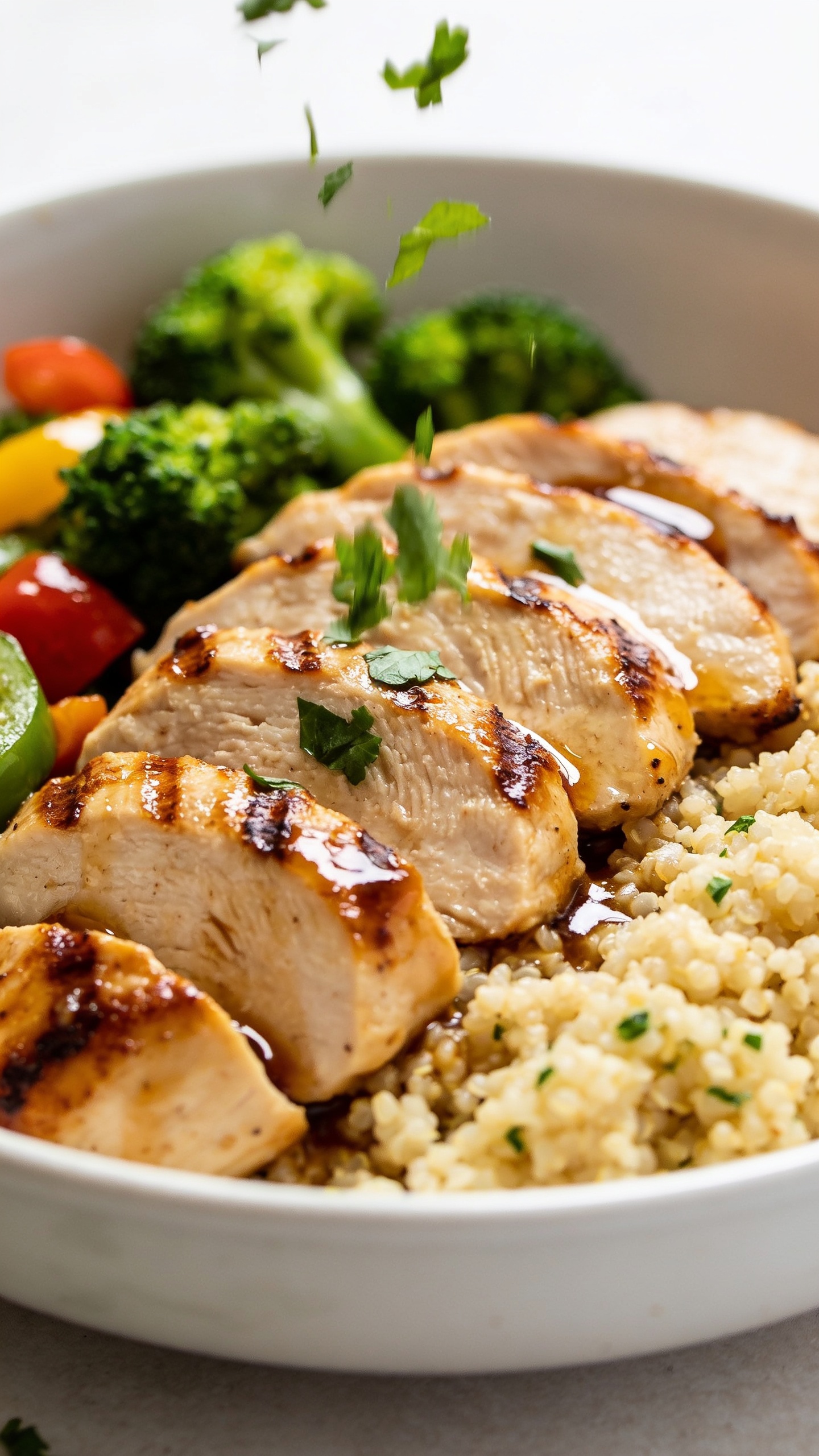 Macro close-up from a low 45-degree angle focusing on textures: the same plated chicken cauliflower rice meal, with the camera tight on the sliced chicken’s caramelized, glistening edges and visible grill-sear lines; separate, fluffy cauliflower rice grains tossed with tiny green herb flecks; glossy sauce pooling lightly in crevices; crisp-tender broccoli and jewel-toned peppers adding pop; final shower of freshly chopped parsley “caught mid-fall” above the bowl, some leaves in motion blur, some settled on the chicken; bright natural light, shallow depth of field, matte white bowl, neutral backdrop, 90–95% of frame filled with food, rich, fresh, irresistible styling.