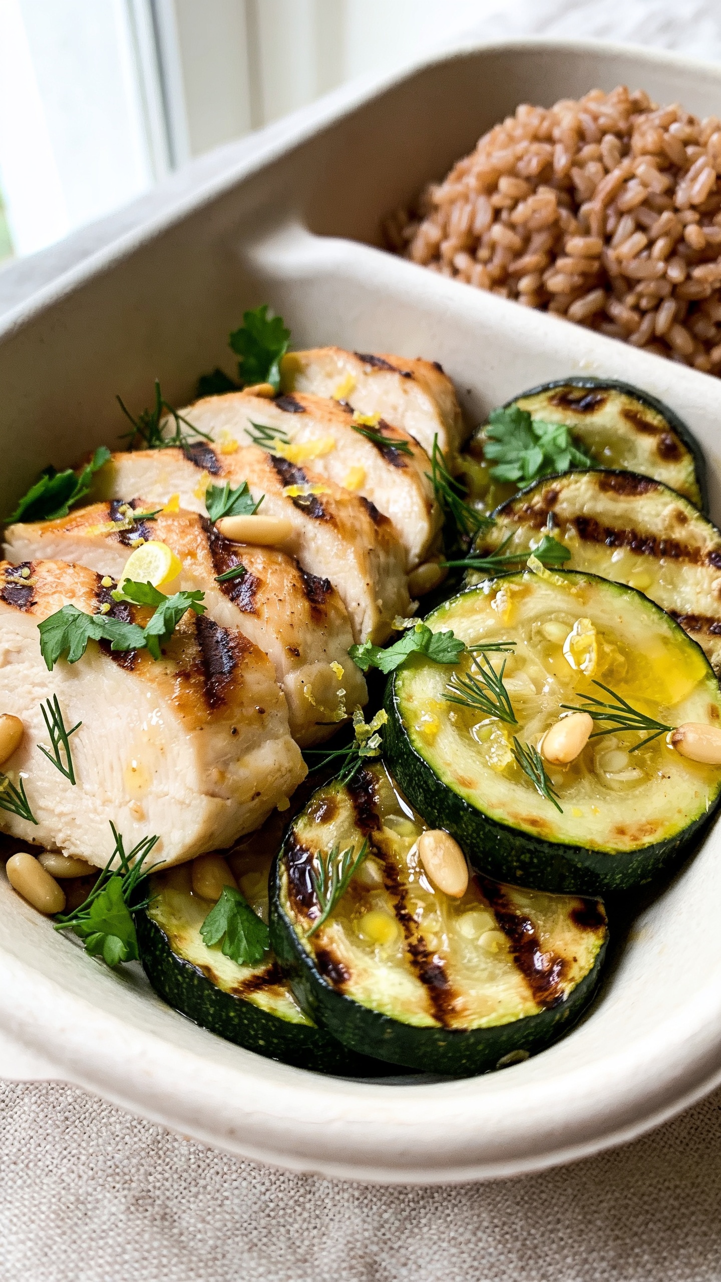 Ultra close-up hero shot of high protein chicken zucchini meal prep: sliced grilled chicken breast with deep golden sear marks, nestled beside thick half-moons of charred caramelized zucchini, all glossed with a light lemon-garlic olive oil sheen. Finely chopped fresh parsley and dill scattered over top, micro-zest of lemon visible, a few toasted pine nuts sprinkled for texture. Served in a shallow white ceramic meal-prep container with a compact mound of fluffy brown rice as the optional carb base in one corner, grains separate and steamy. Bright natural window light from the left, soft bounce on the right, shallow depth of field, background blurred to pale linen. Food fills 90–95% of frame, vibrant greens, golden browns, and glossy juices, premium food-blog styling.