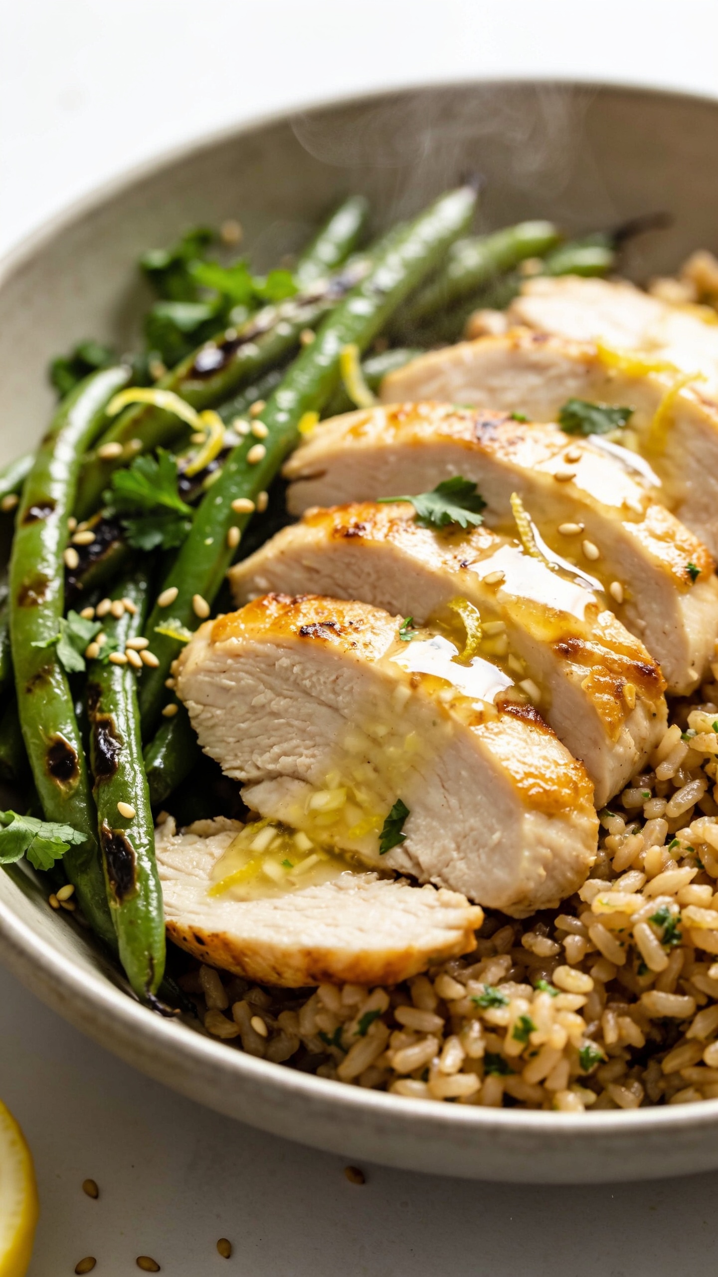 Ultra-close hero shot of the finished high-protein chicken and green bean meal prep: sliced juicy seared chicken breast with golden edges, glossy lemon-garlic-soy glaze lightly pooling on a bed of fluffy garlic-herb brown rice, blistered green beans with charred spots and tender snap, sprinkled with fresh chopped parsley and micro-lemon zest, a few toasted sesame seeds for umami pop. Bright natural side light, shallow depth of field, 90–95% frame filled with the plate in a neutral matte bowl, subtle steam rising, clean white background with minimal props, premium food-blog styling that makes the glaze gleam and the chicken look irresistibly moist.