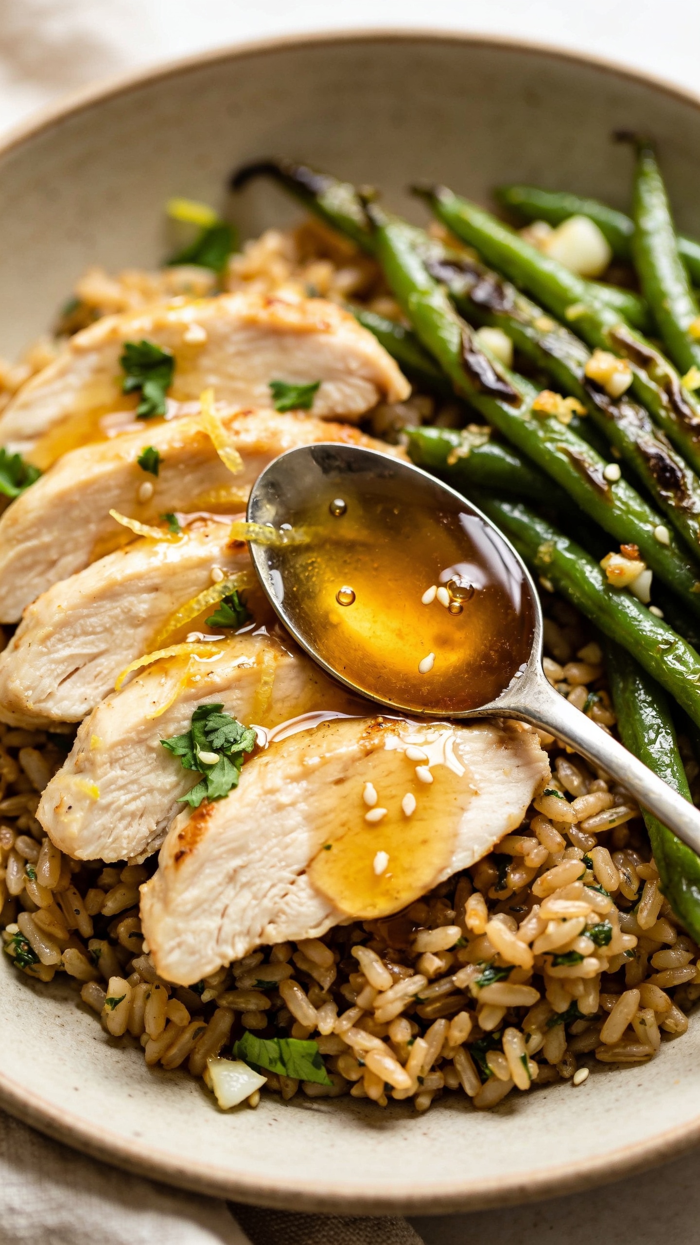 Macro close-up from a different angle of the same plated meal: focus on the sliced chicken fanned over garlic-herb brown rice with a spooned-on sheen of lemon-garlic-soy glaze glistening, tiny honey-balanced droplets catching the light, blistered green beans tucked alongside with garlicky bits clinging. Fresh parsley and fine lemon zest scattered naturally, a few sesame seeds resting on the glaze. Bright natural top-side lighting, shallow depth of field isolating juicy fibers of chicken and crispy bean blisters, 90–95% frame filled with the dish, neutral ceramic plate and soft linen barely visible for a premium, clean, consistent look.