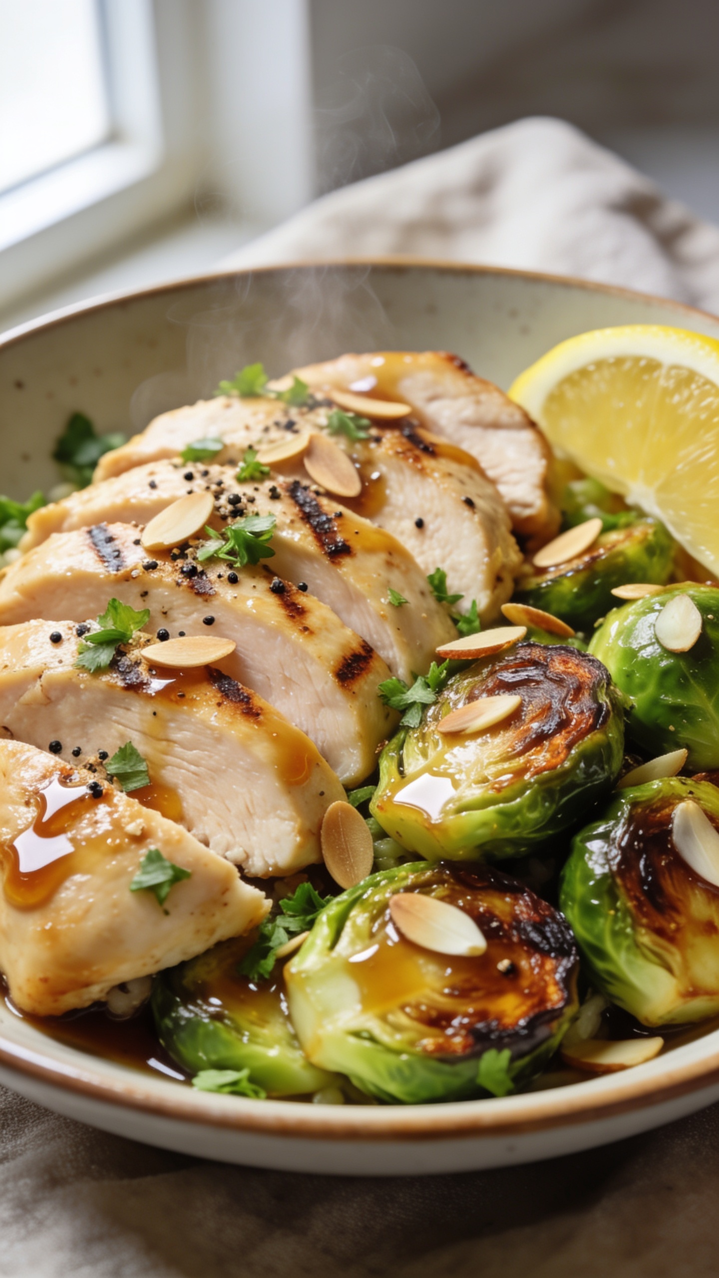Ultra-close, hero shot of a finished high-protein meal-prep bowl: juicy sliced chicken breast with light char and visible grill marks, nestled beside halved roasted Brussels sprouts with deeply caramelized, crispy edges; both glossed in a garlicky soy-honey glaze. Scatter of finely chopped fresh parsley and cracked black pepper on top, a few toasted sliced almonds for texture, and a lemon wedge tucked to the side (not squeezed). Food fills 90–95% of frame, bright natural window light from the left, shallow depth of field blurring a neutral matte plate edge and a soft linen napkin. Colors pop: golden-brown chicken, emerald Brussels with charred mahogany edges, glossy sauce highlights, steam faintly rising to suggest warmth. Clean, premium food-blog styling, no text.
