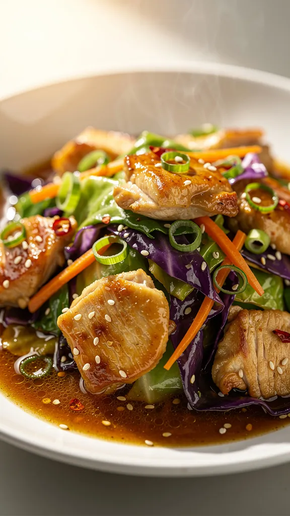 Ultra-close hero shot of a glossy chicken cabbage stir fry in a shallow white bowl, filling 90–95% of the frame. Juicy bite-sized chicken thighs seared with light caramelization, tender-crisp green and purple cabbage ribbons, thin carrot matchsticks, and scallions. Sauce is glossy umami-brown with a hint of sheen pooling lightly at the bottom, sesame seeds scattered, and a few red pepper flakes for heat. Bright natural side lighting from the left, shallow depth of field with the front third in tack-sharp focus and a soft bokeh fade. Clean neutral background, premium food-blog styling, steam subtly rising to show freshness, vibrant greens and oranges popping against the saucy chicken.