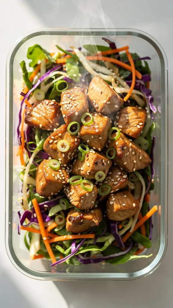 Tight macro angle from slightly overhead: the same finished stir fry spooned into a meal-prep glass container, packed but not messy, showing consistency for meal prep. Juicy browned chicken pieces nestled among vivid green and purple cabbage and carrot matchsticks, scallions sprinkled, toasted sesame seeds dotted across the surface, light sauce gloss clinging to every component with tiny reflections. Bright natural light, shallow depth of field with focus on the center cluster of chicken and cabbage, soft neutral background blur, steam faintly visible, premium food-blog styling with vibrant, clean colors.