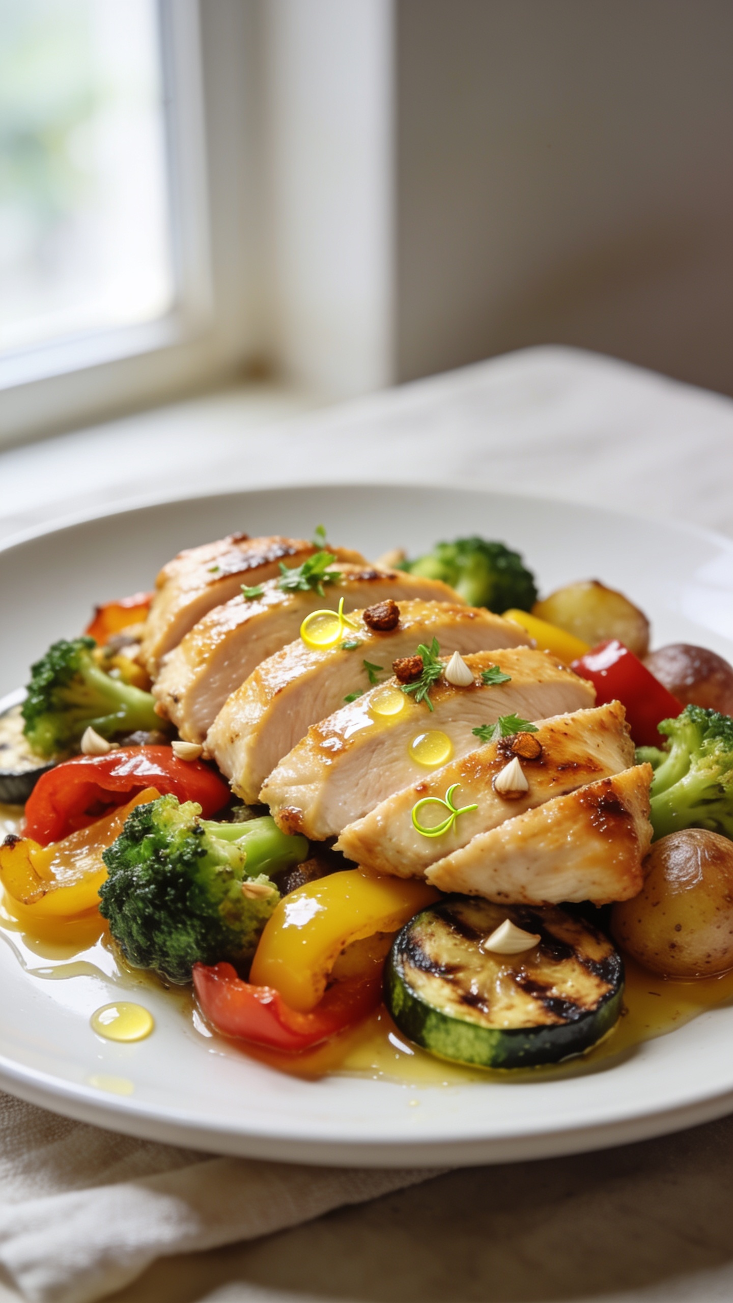 Extreme close-up hero shot of High Protein Garlic Butter Chicken Veggie Meal Prep: glossy, golden-seared chicken breast slices fanned over a bed of vibrant roasted veggiesâcrisp-tender broccoli florets, caramelized bell peppers (red and yellow), charred zucchini coins, and roasted baby potatoesâlightly glazed in shimmering garlic butter. Tiny browned garlic bits and flecks of fresh parsley cling to the chicken and vegetables; a squeeze of lemon has left micro droplets on the surface and a thin sheen on the sauce pools. Natural window light from the left, shallow depth of field, bokeh in the far background, food fills 90â95% of frame on a neutral matte white plate with a minimal linen beneath. Colors vibrant, edges slightly crispy, sauce visibly clinging to everything, no text.