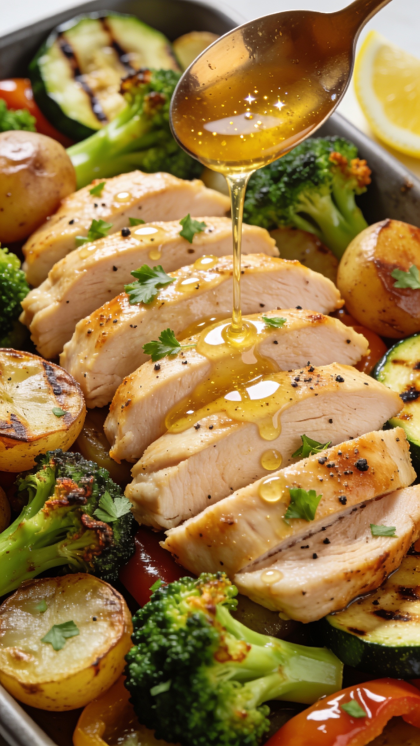 Macro overhead-angled close-up of the same plated meal prep: uniform slices of garlic-butter chicken arranged over the roasted veggie medley with baby potatoes halved and blistered, broccoli vivid green with crispy tips, zucchini lightly charred, and peppers glossy. A warm spoon-drizzle of melted garlic butter mid-pour from out of frame creates sparkling highlights and tiny droplets across the chicken and vegetables. Freshly chopped parsley and a dusting of cracked black pepper visible, a thin lemon wedge edge peeking in the background for brightness. Bright natural lighting, shallow depth of field, 90â95% frame filled with food, rich textures and saturated colors, cohesive with the other images.