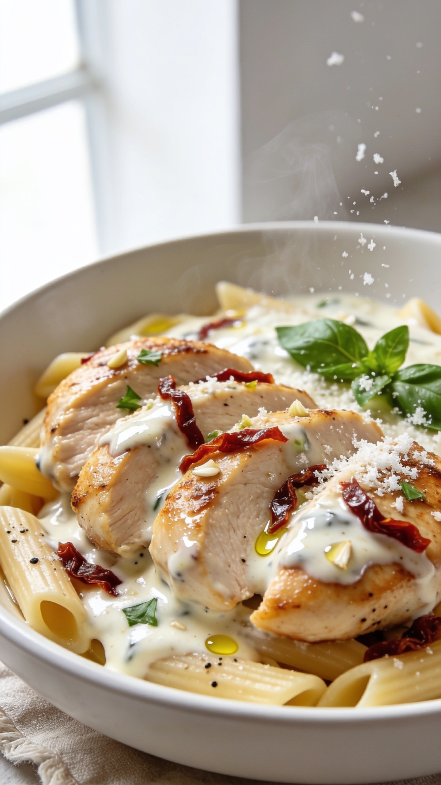 Ultra close-up hero shot of High Protein Marry Me Chicken meal prep: golden pan-seared chicken breasts sliced into juicy medallions, smothered in a glossy creamy sauce made lighter with Greek yogurt, studded with thin ribbons of sun-dried tomatoes and flecks of minced garlic; nestled over al dente penne or creamy mashed cauliflower in a white shallow bowl, garnished with freshly chopped basil and a light snowfall of grated Parmesan; tiny olive oil sheen and black pepper speckles visible, steam subtly rising; bright natural window light from the left, soft bounce fill on the right, shallow depth of field putting the front-most saucy chicken in crisp focus while the background falls creamy; premium food-blog styling with a neutral linen edge peeking in; food fills 90â95% of frame, no text.
