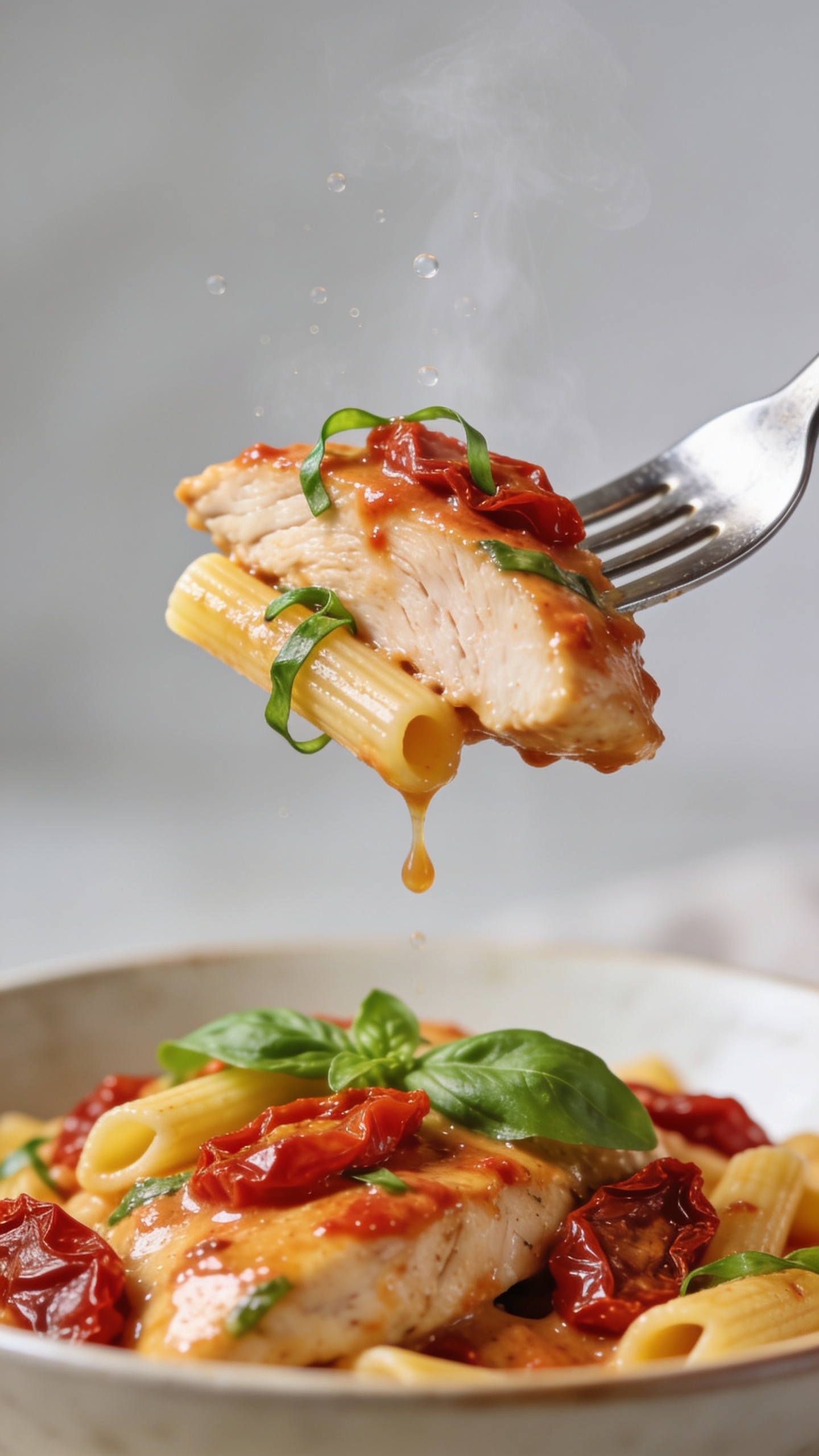 Dynamic action close-up: a polished fork lifting the perfect bite from the same dishâone thick slice of juicy chicken coated in glossy creamy sun-dried tomato sauce, a short strand of penne clinging to it, tiny basil ribbons sticking to the sauce; a slow drip of sauce hanging from the forked bite midair, micro beads of steam rising; bowl of the same plated meal softly blurred below; bright natural light, shallow depth of field, color pop from ruby sun-dried tomatoes and fresh green basil; movement frozen one second before the bite reaches the mouth; food dominates 90â95% of frame, utensil only, no hands.