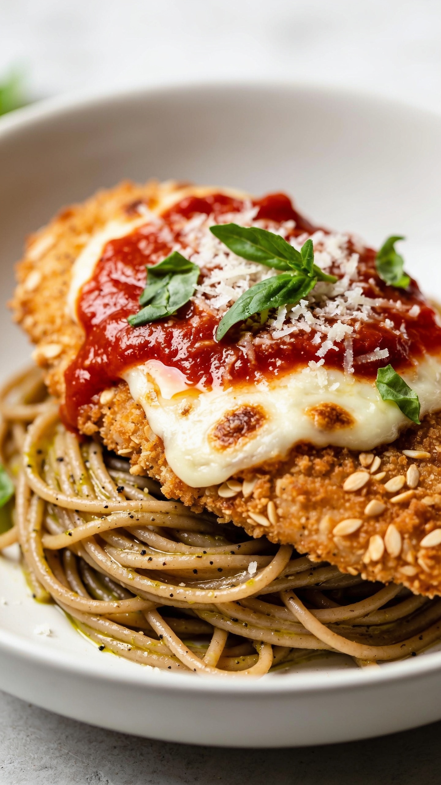 Ultra-close hero shot of High Protein Chicken Parmesan plated in a shallow white bowl: golden-brown almond-flour breaded chicken cutlet topped with a glossy layer of bright red marinara, bubbling light mozzarella melted to the edges with a few browned blisters, and a snowfall of freshly grated Parmesan and torn basil leaves; served over a small nest of al dente whole-wheat spaghetti lightly glossed with olive oil and flecked with black pepper. Food fills 90–95% of frame. Crispy crumb texture visible on cutlet edges, cheese sheen and marinara swirl in sharp focus, pasta strands peeking underneath. Bright natural side lighting, shallow depth of field, soft blurred neutral background, premium food-blog styling.