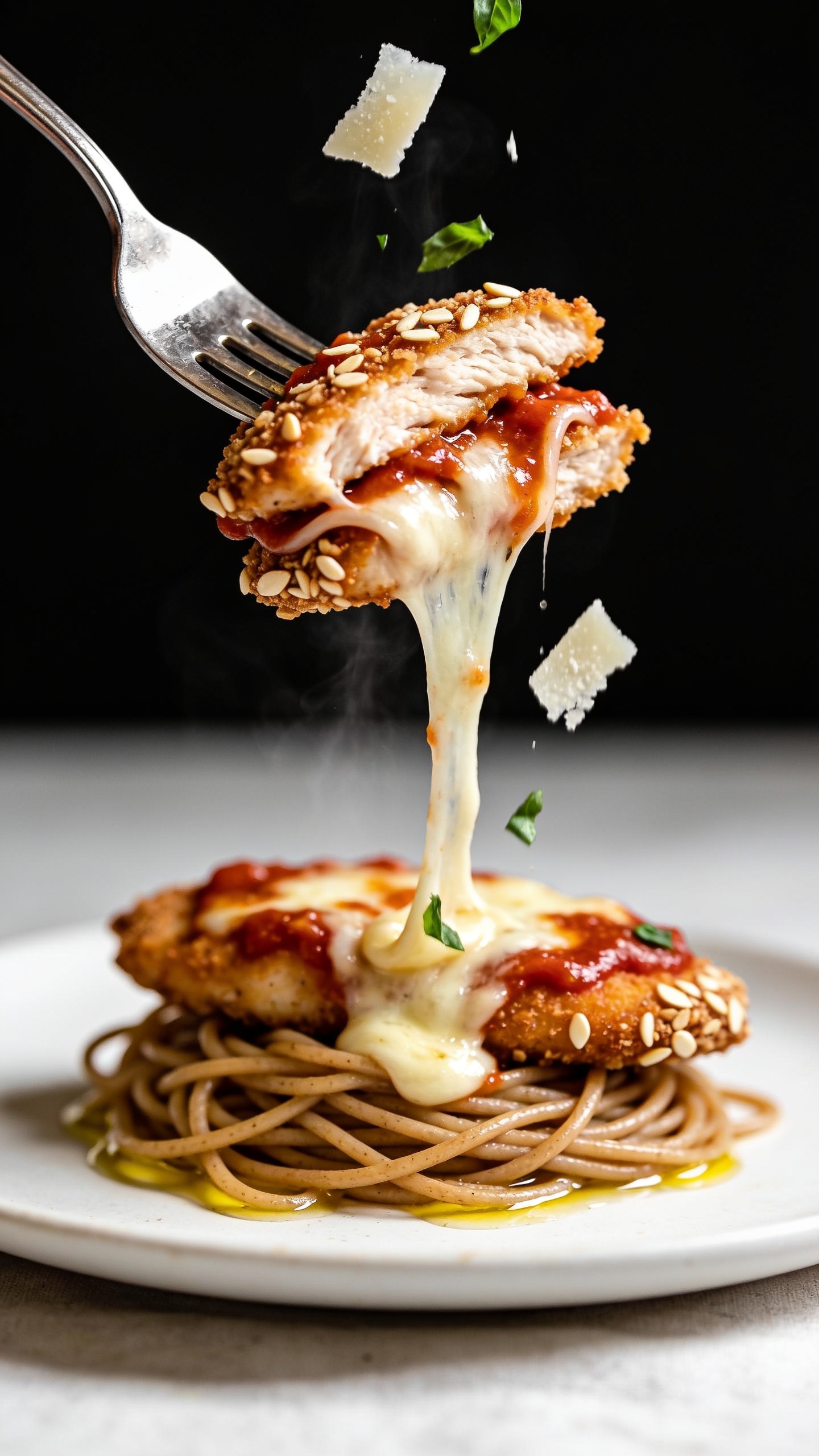 Dynamic action close-up capturing the perfect bite: a polished fork lifting a stacked bite of the finished Chicken Parmesan—strip of juicy chicken with crisp almond-breaded edge, a ribbon of marinara, and a stretchy pull of melted light mozzarella trailing back to the plate; a few fresh Parmesan shavings mid-fall and tiny basil confetti fluttering down. Background plate shows the remaining cutlet on a small bed of whole-wheat spaghetti lightly glossed with olive oil. No hands visible, only the fork. Bright natural lighting, shallow depth of field, steam subtly rising, food filling 90–95% of frame, intense textures and glossy sauce emphasized.