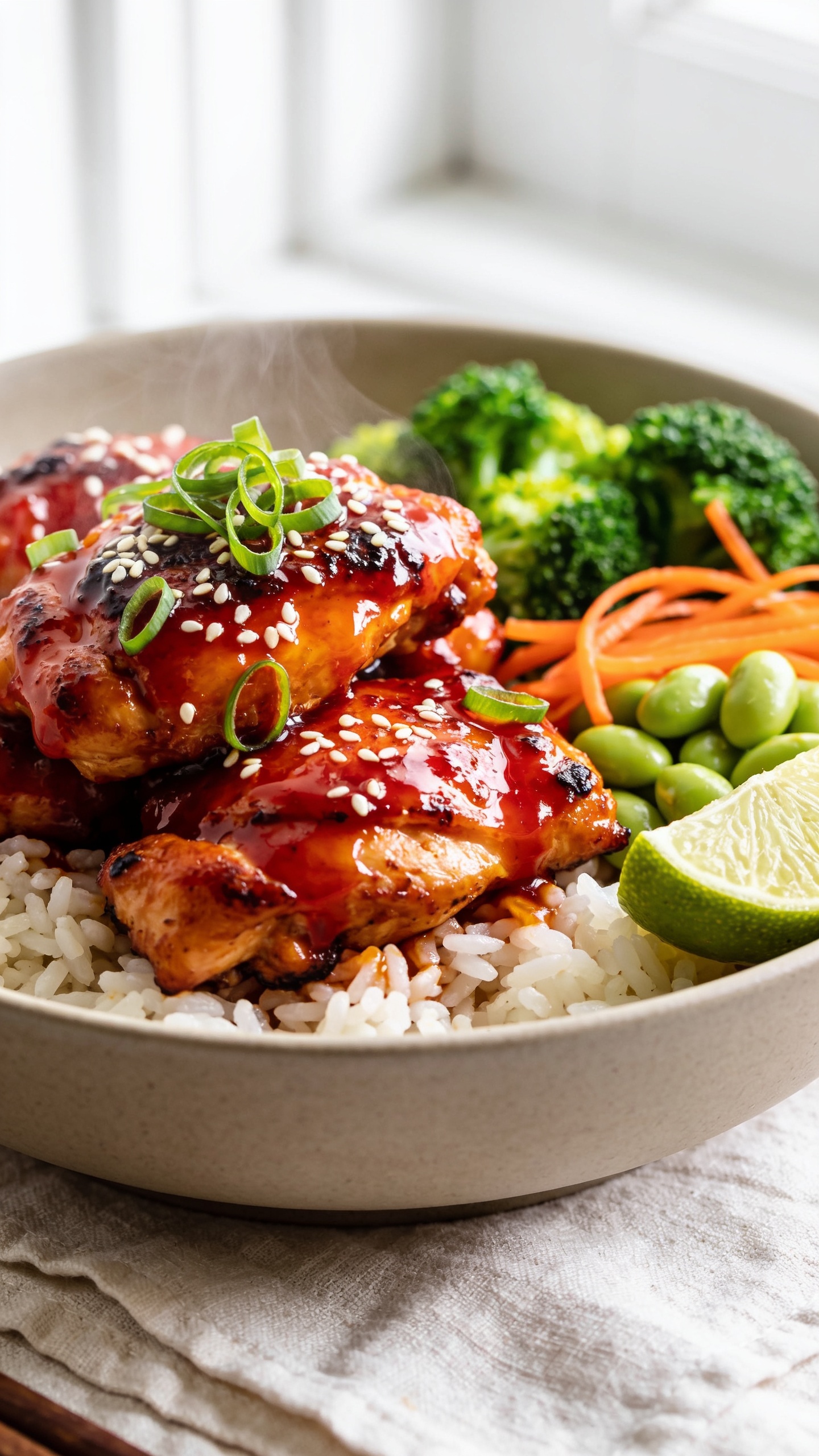 Ultra-close hero shot of High Protein Sweet Chili Chicken meal prep bowl: glossy sweet chili–glazed chicken thigh pieces piled over fluffy jasmine rice, with a snappy veggie medley of bright green steamed broccoli florets, thin carrot ribbons, and edamame; garnished with finely sliced green onions, white sesame seeds, and a fresh lime wedge on the side. The chicken looks sticky and caramelized with light charred edges, micro-beads of glaze catching the light. Bright natural window light from the left, shallow depth of field, neutral matte ceramic bowl on a light linen, minimal props. Food fills 90–95% of frame, vibrant reds/oranges from the glaze contrasting with greens, steam subtly rising for freshness.