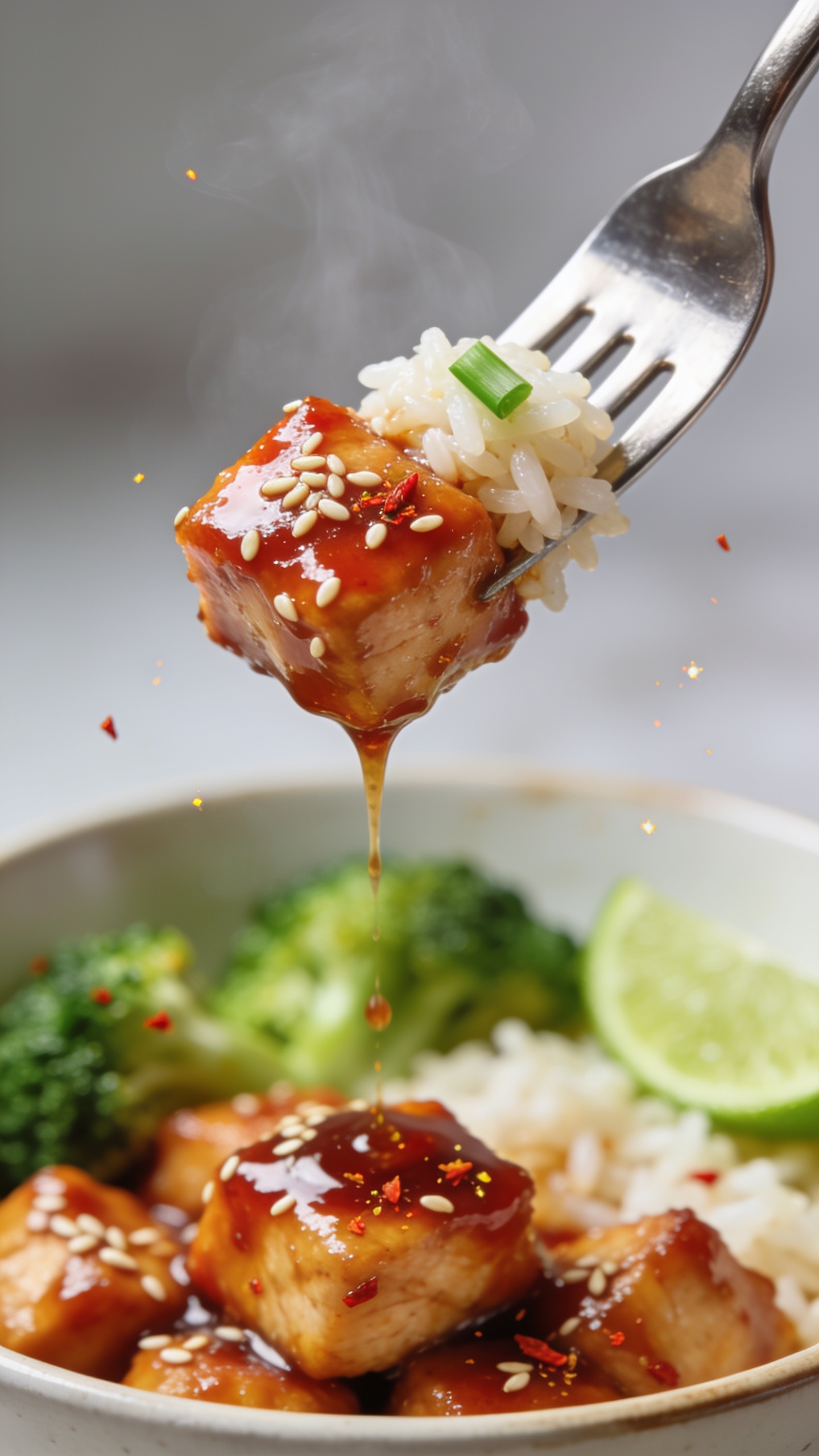 Action close-up: a polished stainless fork lifting the perfect bite—one glossy sweet chili chicken cube with a few sesame seeds clinging, a grain-tuft of jasmine rice, and a tiny shard of green onion—held midair inches above the bowl. Viscous sweet chili glaze forms a slow drip from the chicken back toward the plate, tiny chili flakes sparkling. Background bokeh shows the same bowl with broccoli florets and lime wedge softly blurred. Bright natural light, shallow depth of field, no hands visible, dynamic sense of motion and anticipation. Food fills 90–95% of frame, steam faintly visible.
