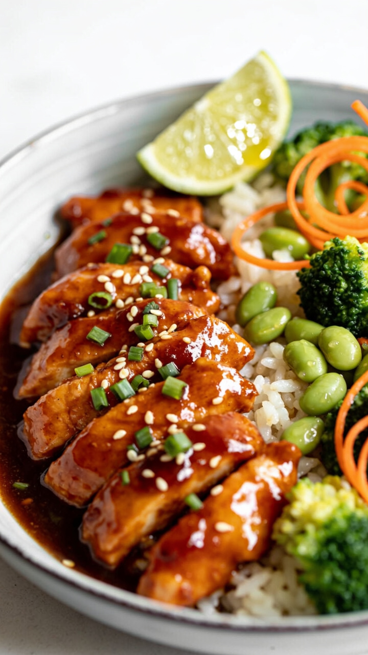 Tight angle macro from 45 degrees on the same plated bowl: focus on a fan of caramelized sweet chili chicken pieces nestled against fluffy rice, sauce pooled and lacquered with a mirror-like sheen, crisp-tender broccoli beading with moisture, scattered edamame, thin carrot ribbons curled for texture. Fresh lime wedge slightly squeezed with a glint of juice, sesame seeds and minced green onion sprinkled over top. Bright natural backlighting to highlight gloss and steam, shallow depth of field, clean light background, food dominating 90–95% of frame for rich, craveable texture.