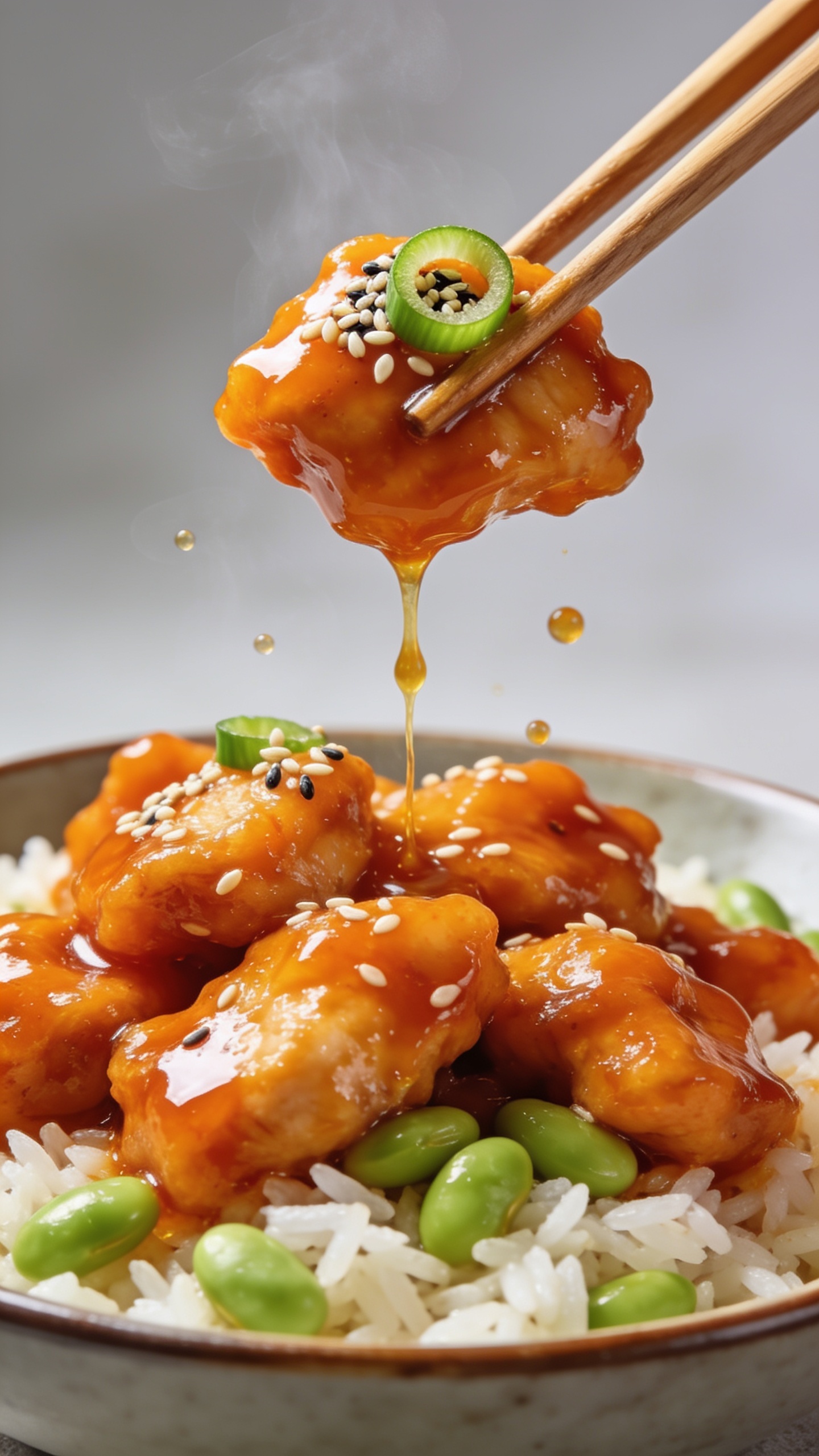 Dynamic action close-up: wooden chopsticks lifting the perfect bite—one glistening orange chicken piece coated in sticky, translucent orange glaze with a sesame seed and a scallion ring clinging to it, a delicate ribbon of sauce stretching down toward the bowl; beneath, the same bowl of orange chicken over jasmine rice with edamame visible, a few tiny droplets of sauce mid-air; faint steam rising; bright natural lighting, shallow depth of field isolating the lifted bite, no hands visible, 90–95% frame filled with the food, vibrant, mouthwatering magazine-cover energy.