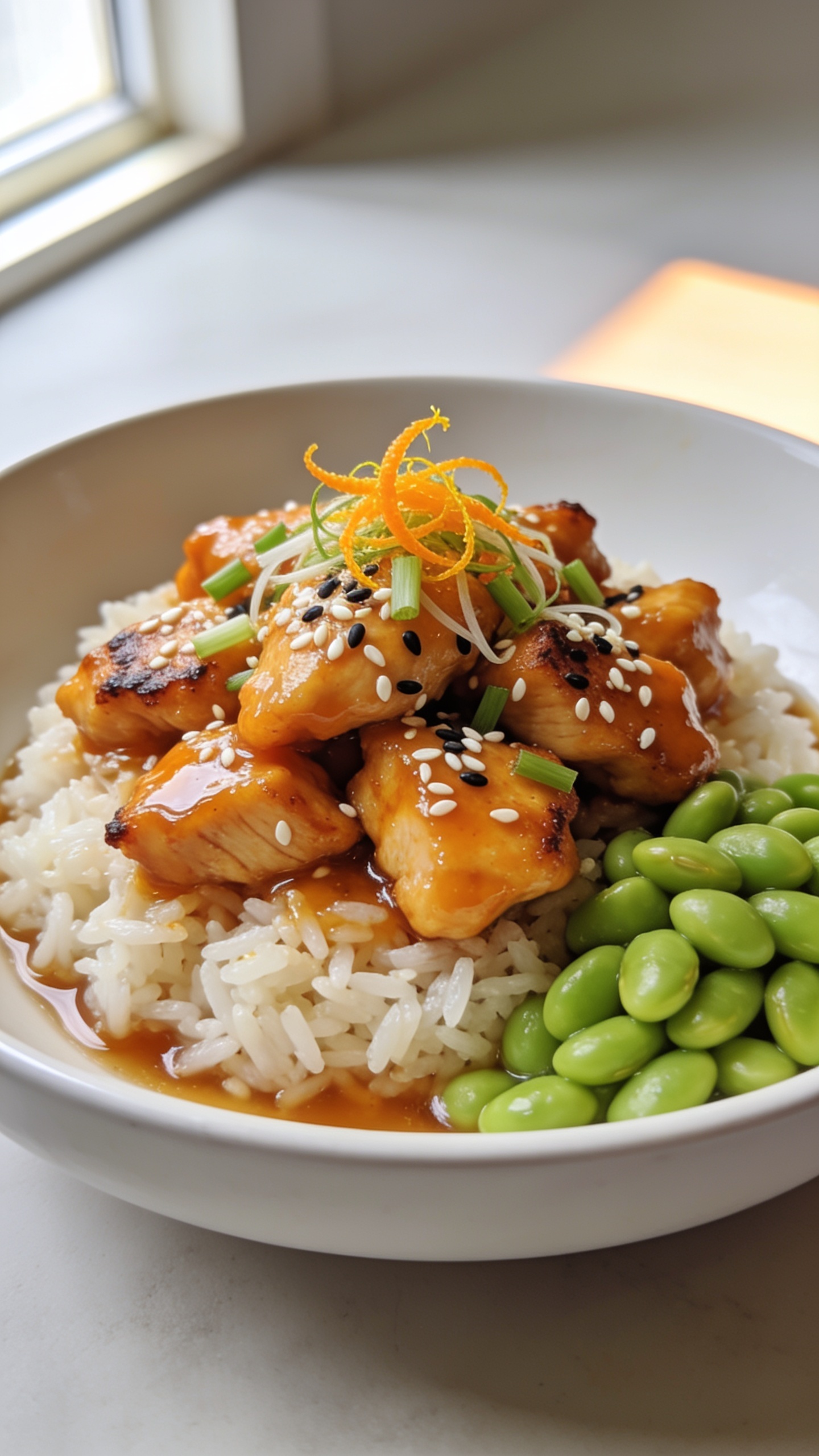 Ultra-close hero shot of high-protein orange chicken plated in a shallow white bowl over fluffy jasmine rice with a side cluster of bright green steamed edamame; glossy, sticky orange glaze clings to bite-sized seared chicken pieces with lightly crisped edges; generous sprinkle of white and black sesame seeds and thinly sliced scallions; micro-zest of fresh orange and a few small orange segments tucked along the rim for color; sauce pooled lightly at the base, rice grains distinct and steamy; bright natural window light from the left, soft bounce on the right, shallow depth of field, 90–95% frame filled with the food, clean neutral background, premium food-blog styling.