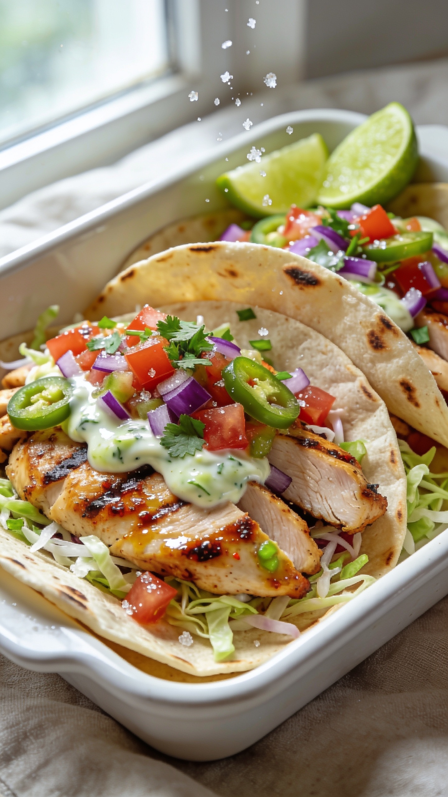 Hero image: Extreme close-up of assembled high-protein chicken tacos in soft, slightly charred corn tortillas, lined up tightly in a shallow white tray, filling 90–95% of the frame. Juicy sliced seared chicken breast with light char, glistening with a smoky chili-lime marinade, topped with vibrant pico de gallo (diced tomato, red onion, jalapeño), finely shredded cabbage for crunch, a drizzle of creamy cilantro-lime yogurt sauce, and a sprinkle of fresh chopped cilantro. Lime wedges tucked at the edge, a few grains of flaky salt catching the light. Bright natural window light from the side, shallow depth of field, crisp textures and glossy sauce highlights, neutral linen background slightly blurred to keep focus on the tacos.