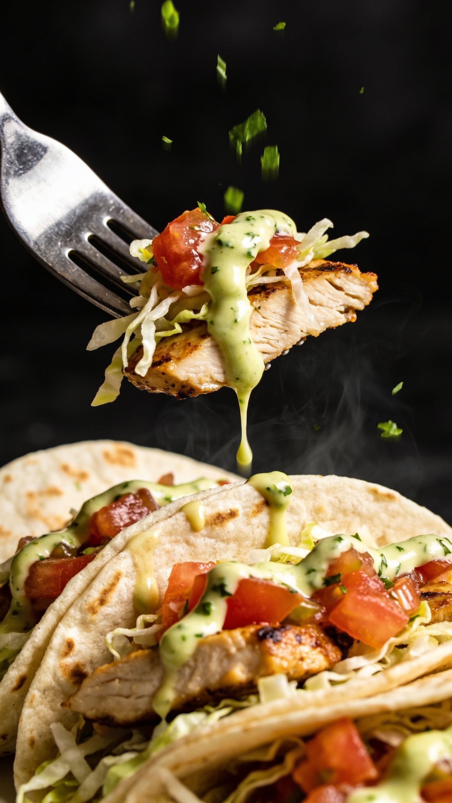 Action bite: Ultra close-up, a polished fork lifting the perfect bite from one taco—stacked with a juicy slice of seared chicken, strands of crunchy cabbage, a chunk of tomato from pico, and a ribbon of glossy cilantro-lime yogurt sauce stretching slightly. The remaining taco below fills the frame, with droplets of sauce mid-drip and tiny flecks of cilantro falling through the air, frozen in motion. Bright natural lighting, shallow depth of field, steam subtly visible rising from freshly warmed tortillas, rich textures and saturated colors, no hands or people in frame, food filling 90–95% of the image.