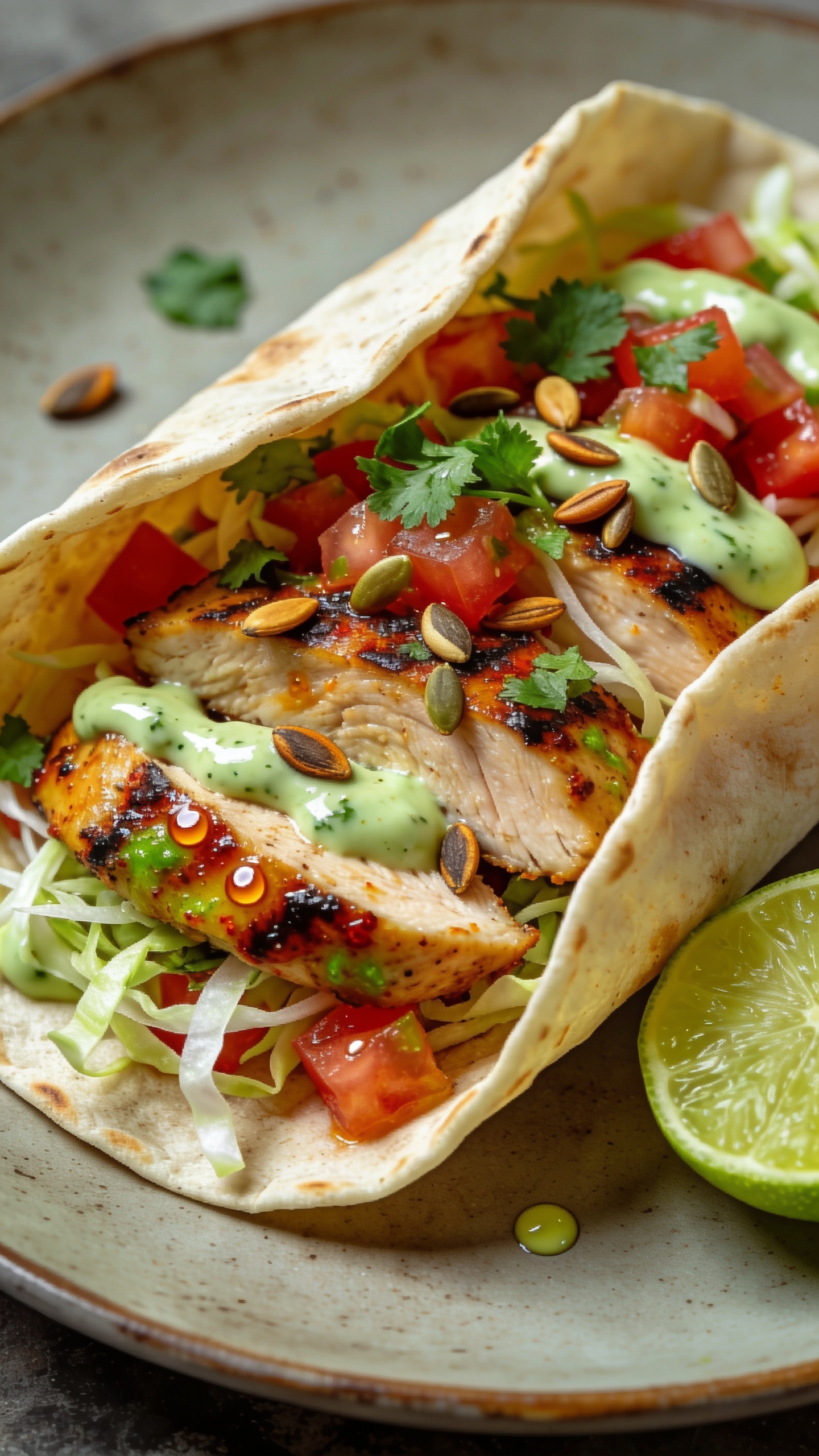 Detail close-up: Tight angle from slightly above, focusing on one open taco on a matte ceramic plate, tortilla edges softly folded around thick slices of char-kissed chicken breast. Glossy chili-lime sheen on the chicken, beads of juice catching the light. Layered with vivid pico de gallo, thin cabbage ribbons, a drizzle of creamy green-tinted cilantro-lime yogurt sauce, and a final dusting of fresh cilantro and a few toasted pumpkin seeds for crunch. A lime wedge squeezed recently with tiny droplets on the plate. Bright natural light, shallow depth of field, premium food-blog styling, food dominating 90–95% of the frame.