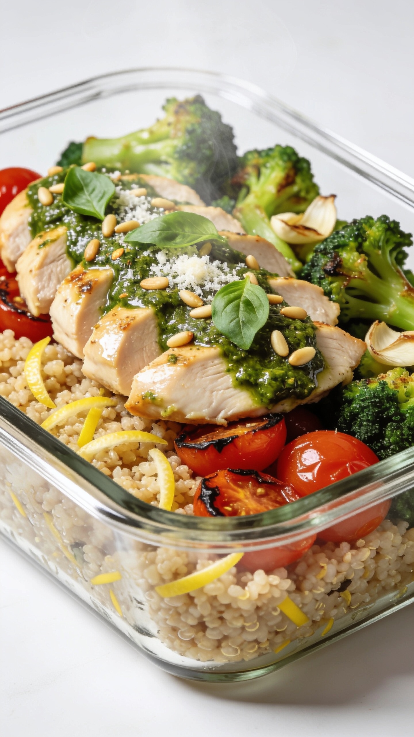 Ultra-close hero shot of High Protein Pesto Chicken meal prep: sliced juicy chicken breast glistening with glossy basil pesto and toasted pine nut flecks, perched over fluffy quinoa with lemon zest and charred edges of roasted cherry tomatoes and crisp-tender garlic-roasted broccoli; a small sprinkle of grated Parmesan and torn fresh basil leaves scattered on top; everything tightly packed into a modern glass meal-prep container with clean white surface beneath, bright natural side light, shallow depth of field, rich greens and reds popping, steam faintly rising, food filling 90–95% of frame, premium food-blog styling, no text.