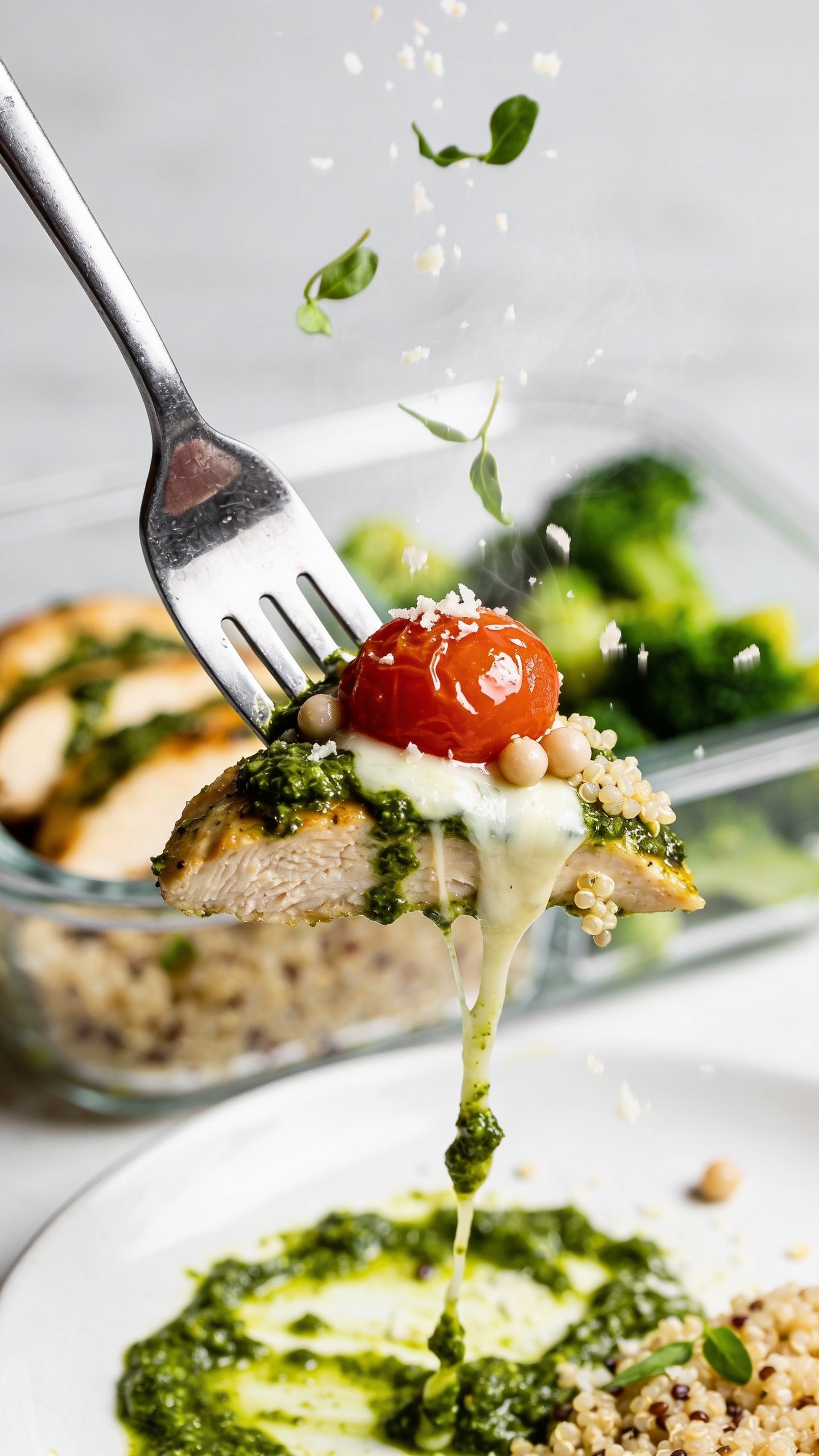 Dynamic bite moment: a sleek stainless fork lifting the perfect bite—one pesto-lacquered slice of chicken draped with stretchy melted mozzarella, a roasted cherry tomato bursting gloss, and a few quinoa pearls clinging—strands of vibrant basil pesto trailing back to the plate; flecks of Parmesan and micro basil raining down mid-air; faint steam visible; background shows blurred glass meal-prep container with remaining chicken, quinoa, and roasted broccoli; ultra-close, bright natural light, shallow depth of field, food filling 90–95% of frame, no hands, no text.