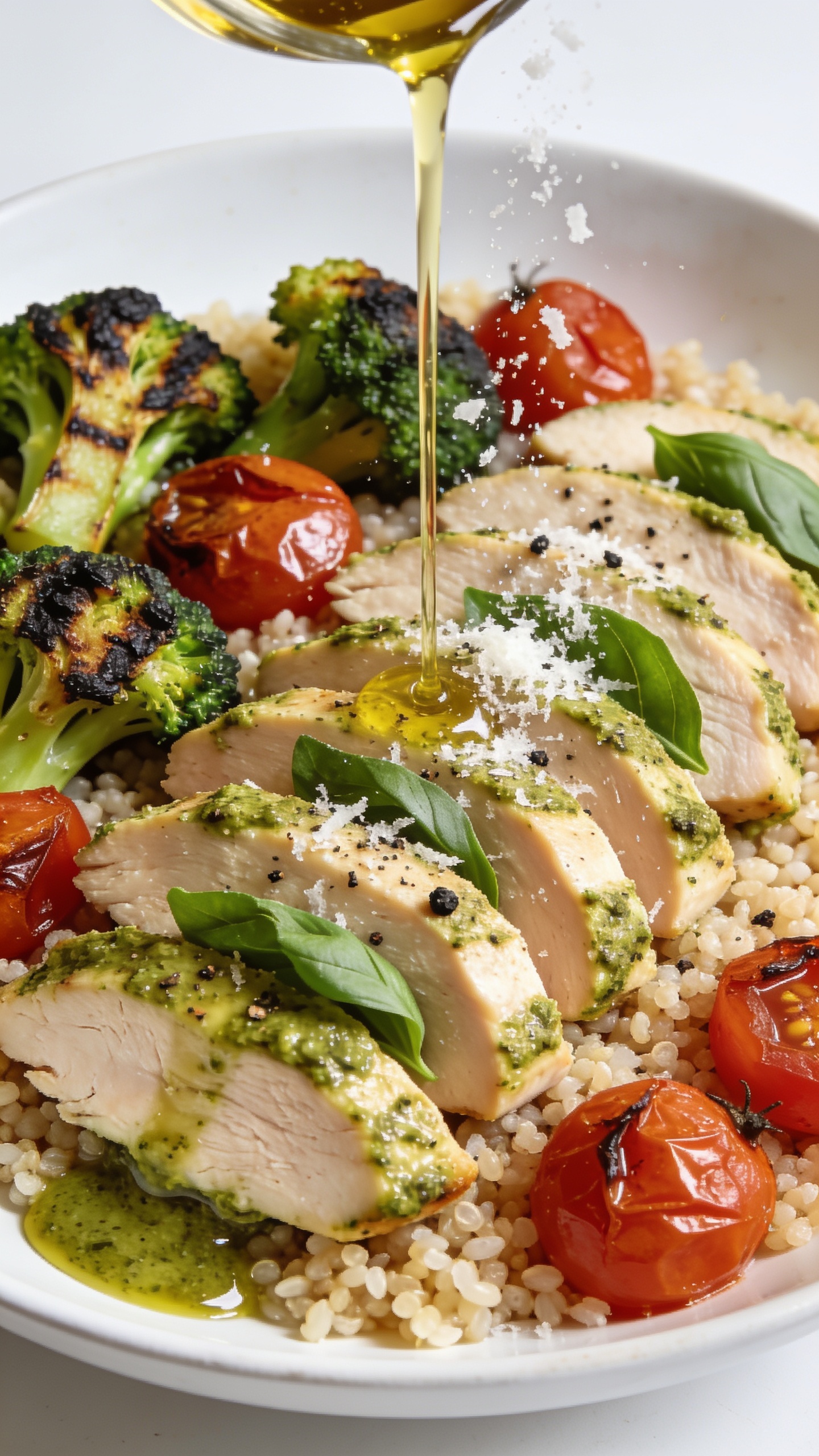 Extreme close-up angle from slightly overhead: neatly fanned pesto chicken slices on quinoa, glossy pesto pooling lightly in the grain, charred-roast marks on broccoli crowns, burst cherry tomatoes with roasted skins wrinkled and juicy, a final drizzle of extra-virgin olive oil catching the light, fine shower of freshly grated Parmesan and cracked black pepper, torn basil leaves tucked between slices; bright natural lighting, shallow depth of field, saturated but natural colors, clean white backdrop, food filling 90–95% of frame, same finished recipe as above, premium food-blog styling, no text.