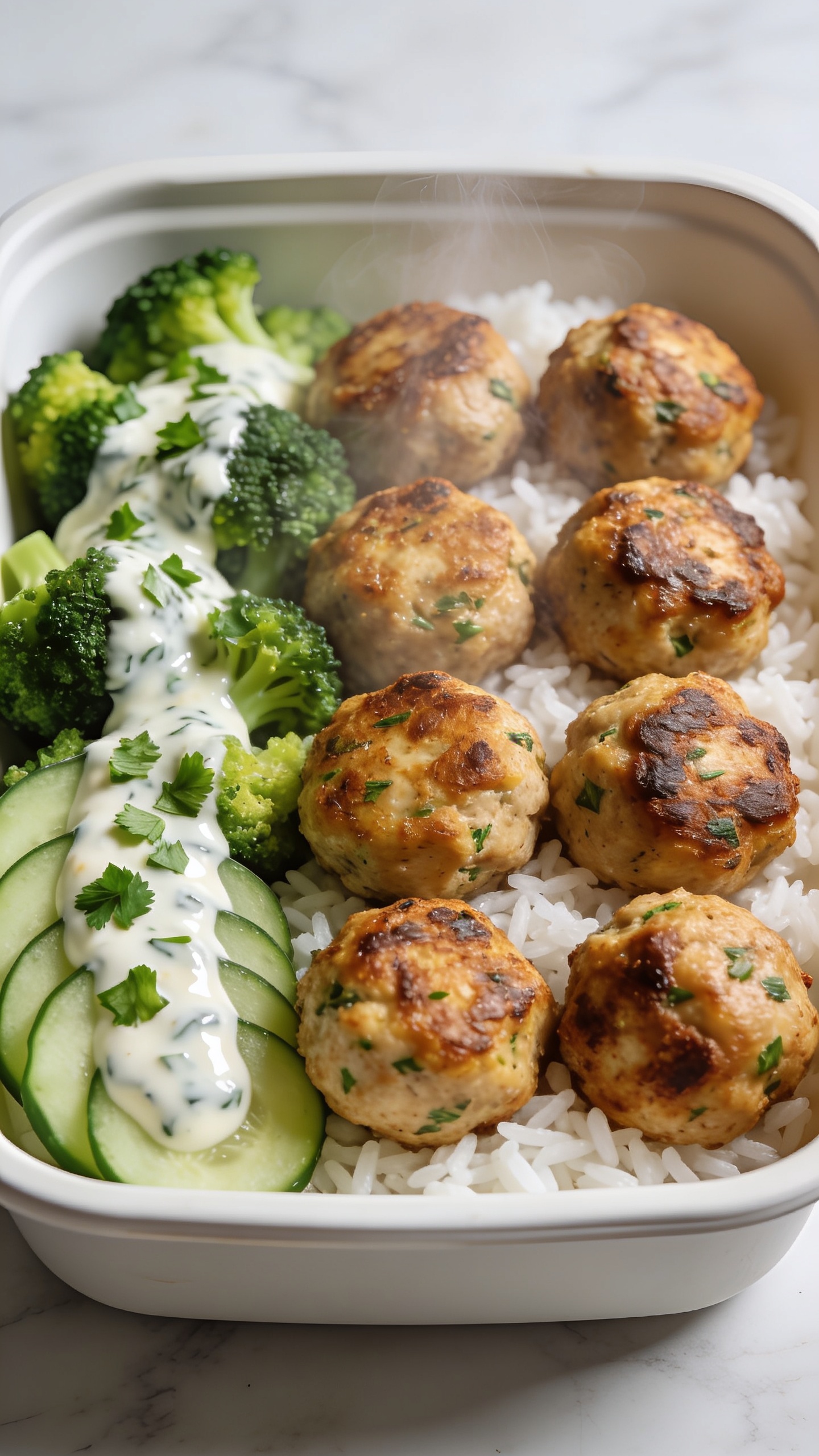 Ultra-close hero shot of glossy high-protein chicken meatballs plated for meal prep: 6 golden-brown, pan-seared chicken meatballs with crispy edges and visible herb flecks, nestled over fluffy white jasmine rice with a side of bright-steamed broccoli florets and thinly sliced cucumbers, lightly drizzled with a shiny garlic-herb Greek yogurt sauce and sprinkled with fresh chopped parsley. Food fills 90â95% of the frame in a shallow, matte-white meal-prep container set on a light marble surface. Bright natural side lighting, shallow depth of field, steam subtly rising, rich textures and vibrant greens, premium food-blog styling, no text or hands, same finished recipe and plating repeated consistently.