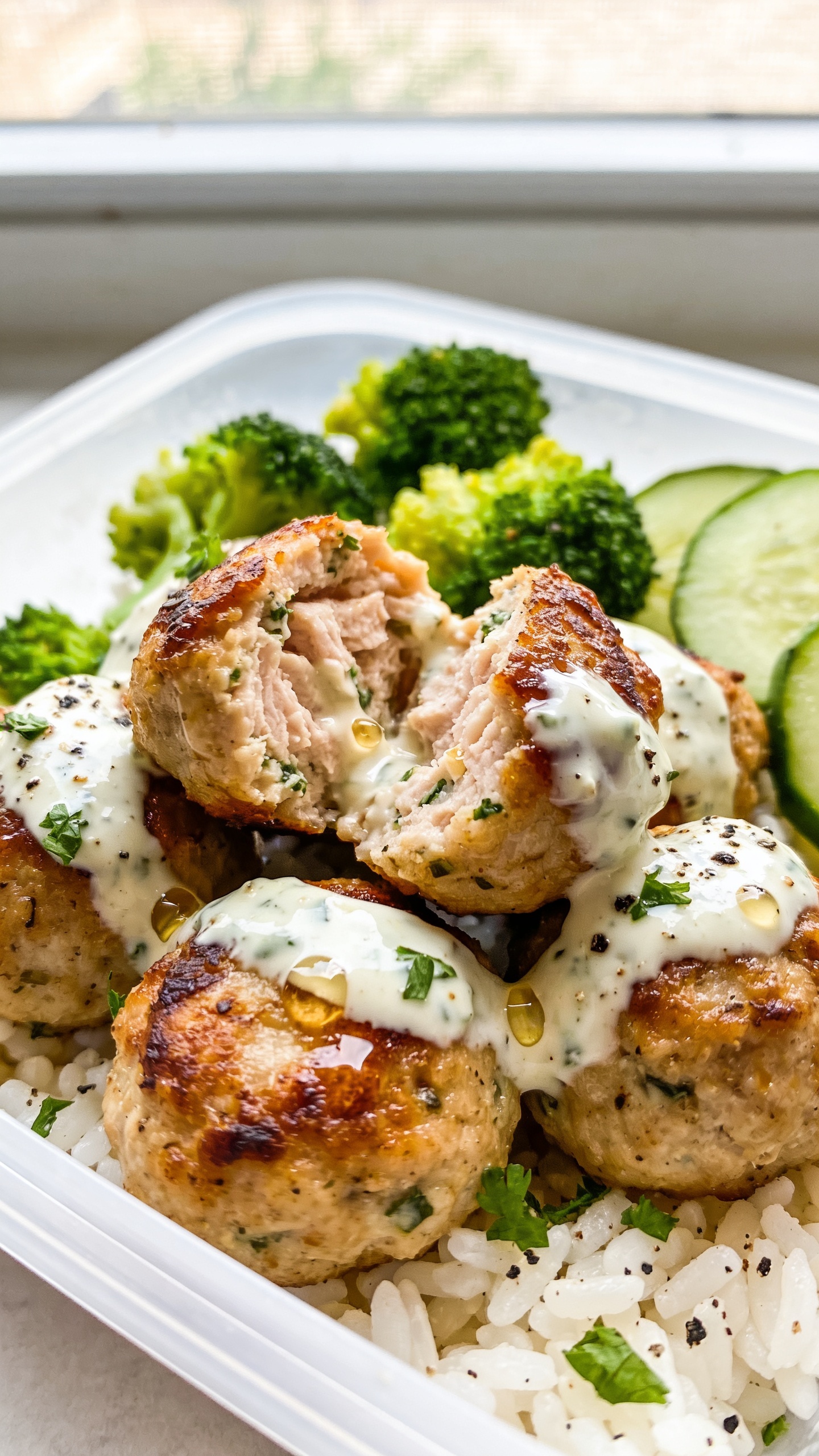 Extreme close-up from a 45-degree angle highlighting textures: a tight cluster of chicken meatballs over rice in the same meal-prep container, one meatball gently cut open to reveal moist, tender interior with herb speckles; edges are caramelized and slightly crisp. A thin gloss of garlic-herb Greek yogurt sauce pooled in crevices, with tiny droplets on broccoli florets and cucumber slices. Freshly cracked black pepper and chopped parsley scattered on top. Bright natural window light, shallow depth of field, food filling 90â95% of frame, vibrant, clean, and consistent with the hero styling.