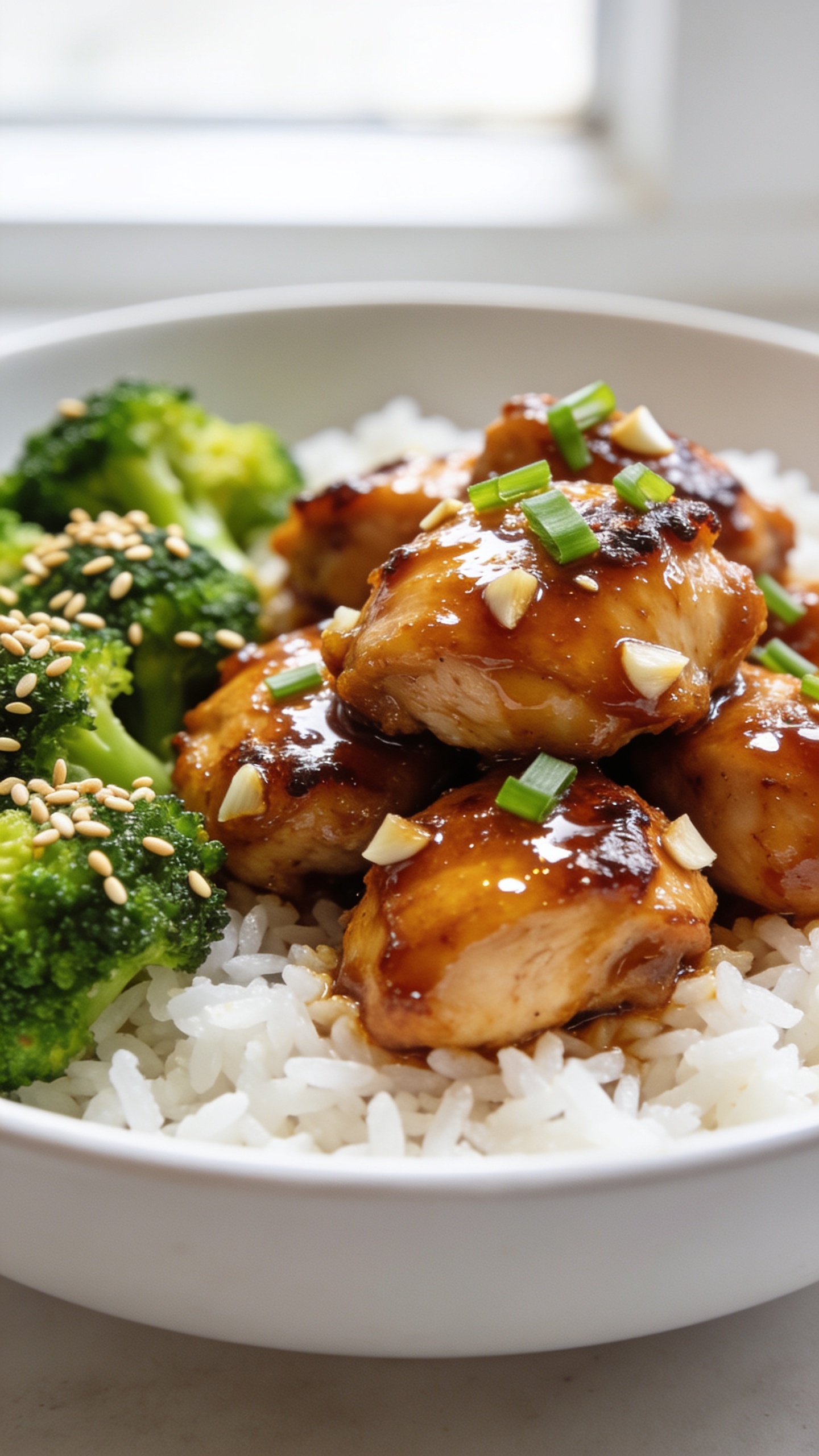 Ultra-close hero shot of High Protein Sticky Garlic Chicken meal prep: bite-sized chicken thighs glazed in a thick, glossy honey-soy garlic sauce, piled over fluffy white jasmine rice with a side of bright steamed broccoli and a sprinkle of toasted sesame seeds and finely sliced green onions. The chicken pieces look lacquered and juicy with caramelized edges; small garlic bits cling to the sauce. Shot in bright natural window light, shallow depth of field, premium food-blog styling on a matte white shallow bowl with a minimal neutral backdrop. Vibrant colors—deep amber glaze, emerald broccoli, pearly rice—fill 90–95% of the frame, with soft specular highlights on the sticky sauce.