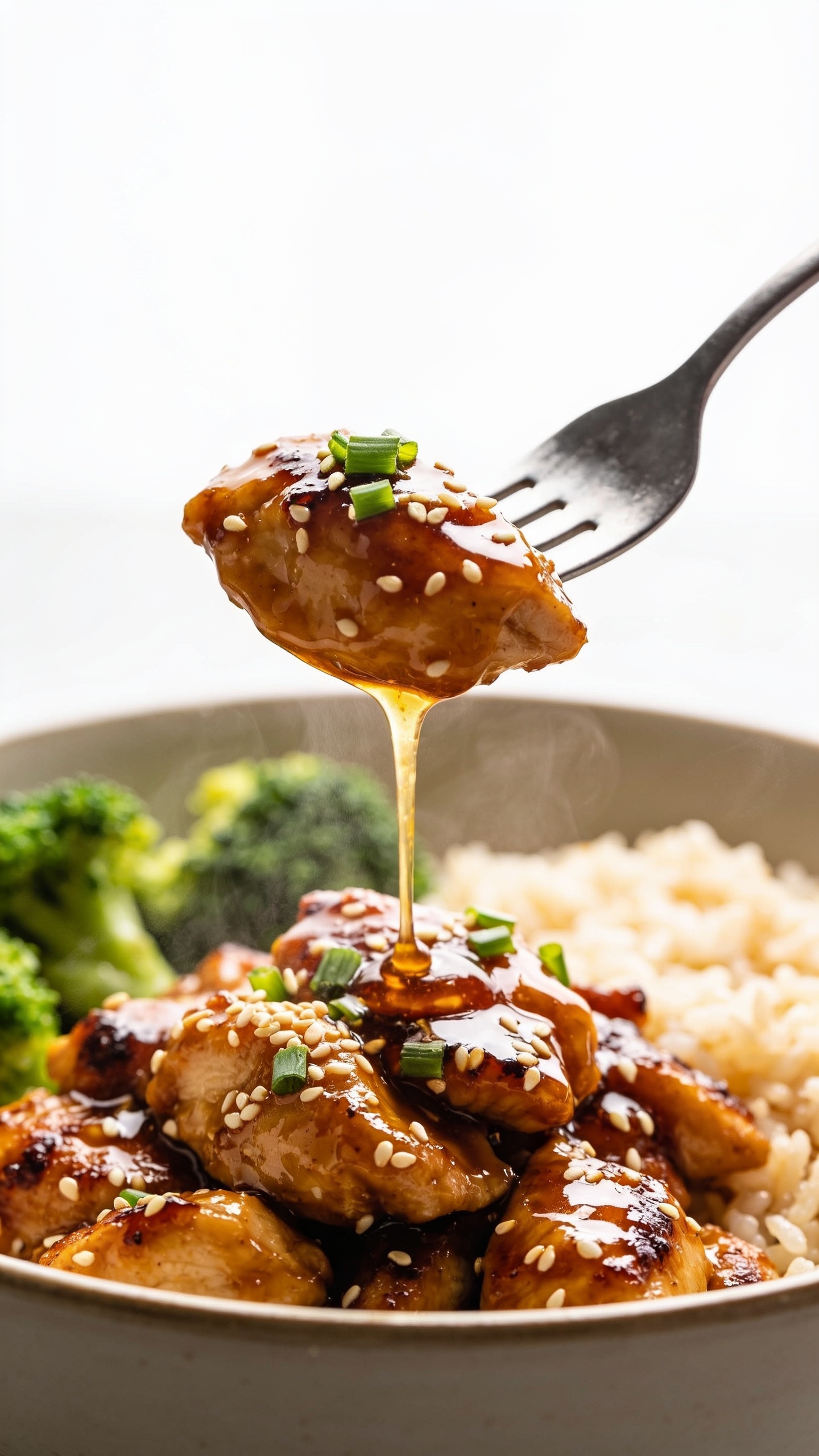 Dynamic action close-up capturing the most irresistible bite: a fork lifting a perfect glossy chunk of sticky garlic chicken above the bowl, trailing a ribbon of thick honey-soy garlic glaze that drips slowly back onto the mound of chicken and rice below. Steam rises subtly from the freshly plated meal; toasted sesame seeds and minced green onion cling to the lifted piece. Background shows blurred broccoli florets and fluffy rice. Bright natural side lighting, shallow depth of field, tight crop filling 90–95% of frame, emphasizing lacquered sheen, caramelized edges, and suspended drip for peak anticipation. Only the fork is visible—no hands.