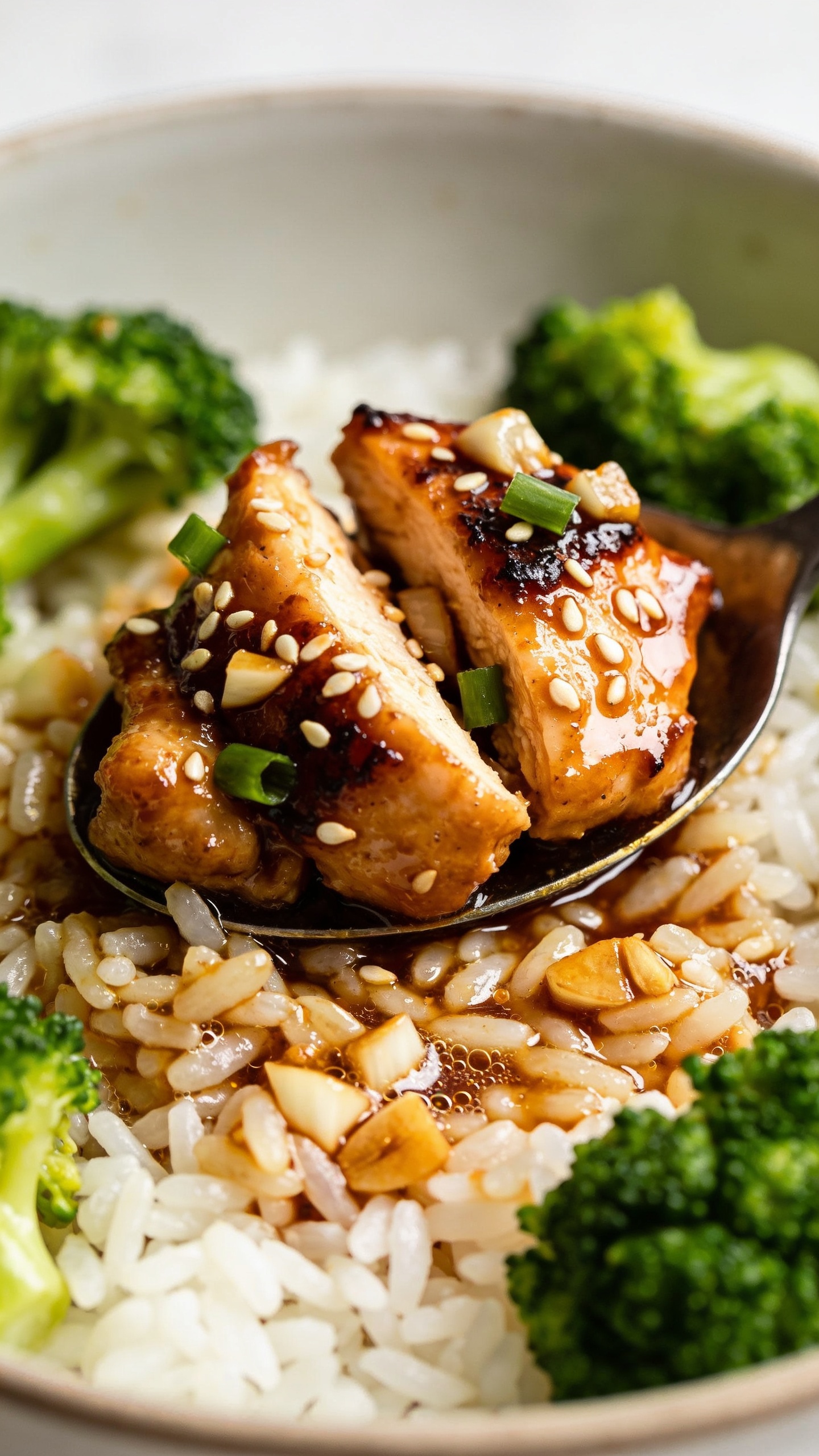 Tight macro angle from slightly overhead focusing on textures: a generous spooned portion of sticky garlic chicken nestled over jasmine rice, surrounded by crisp-tender broccoli. The sauce pools slightly around the rice grains, glinting with micro-bubbles and flecks of sautéed garlic; sesame seeds and green onion slices scatter naturally across the chicken. Caramelization on edges, juicy interiors visible in a couple of split pieces. Bright natural light, shallow depth of field, minimal neutral background, 90–95% frame filled with food, showcasing rich glaze, vibrant greens, and clean, high-protein meal prep styling in the same bowl as the hero.