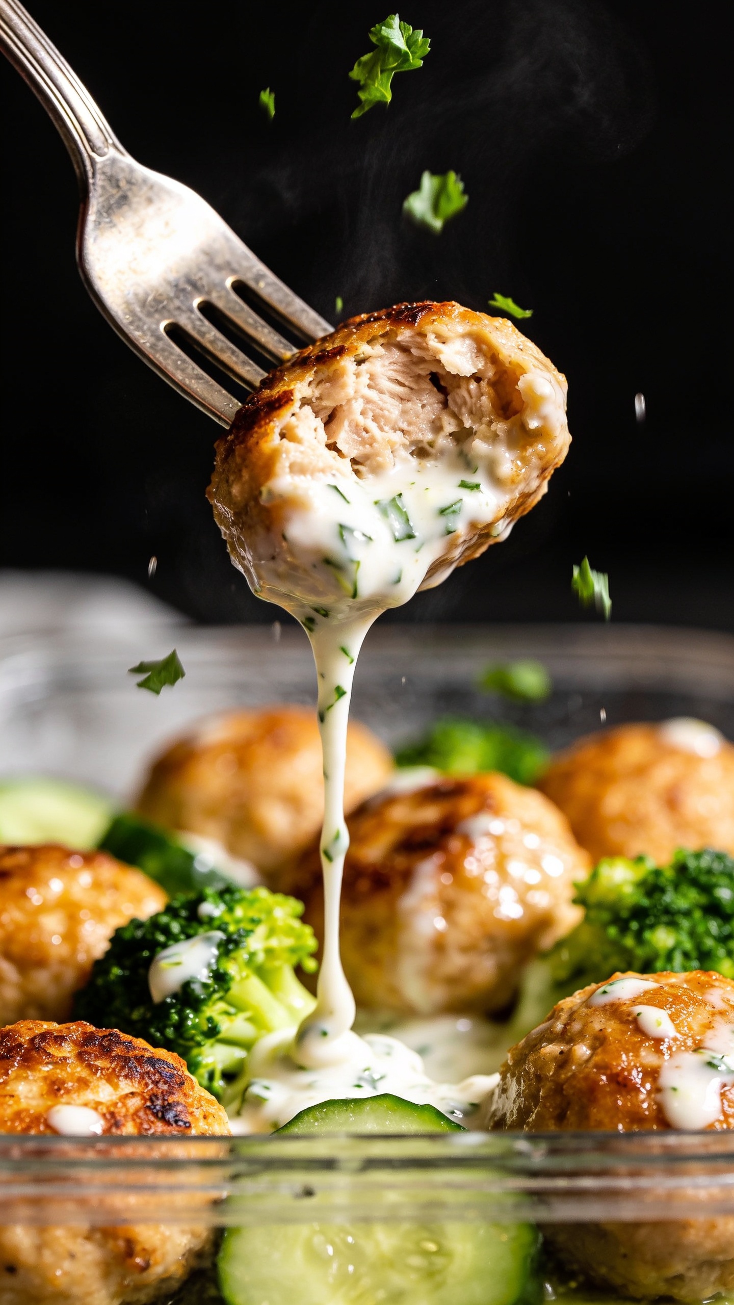 Dynamic action close-up: a polished fork lifting the perfect biteâhalf a chicken meatball with juicy interior and seared exterior, a tuft of jasmine rice clinging to it, glossy garlic-herb Greek yogurt sauce slowly trailing in a silky ribbon back to the plate. In the blurred background within the same container, more golden chicken meatballs, broccoli, and cucumbers glisten with micro-beads of sauce. Food fills 90â95% of frame, bright natural lighting, shallow depth of field, visible steam and falling pinches of fresh parsley caught mid-air, no hands or faces, premium magazine-worthy anticipation one second before the bite.