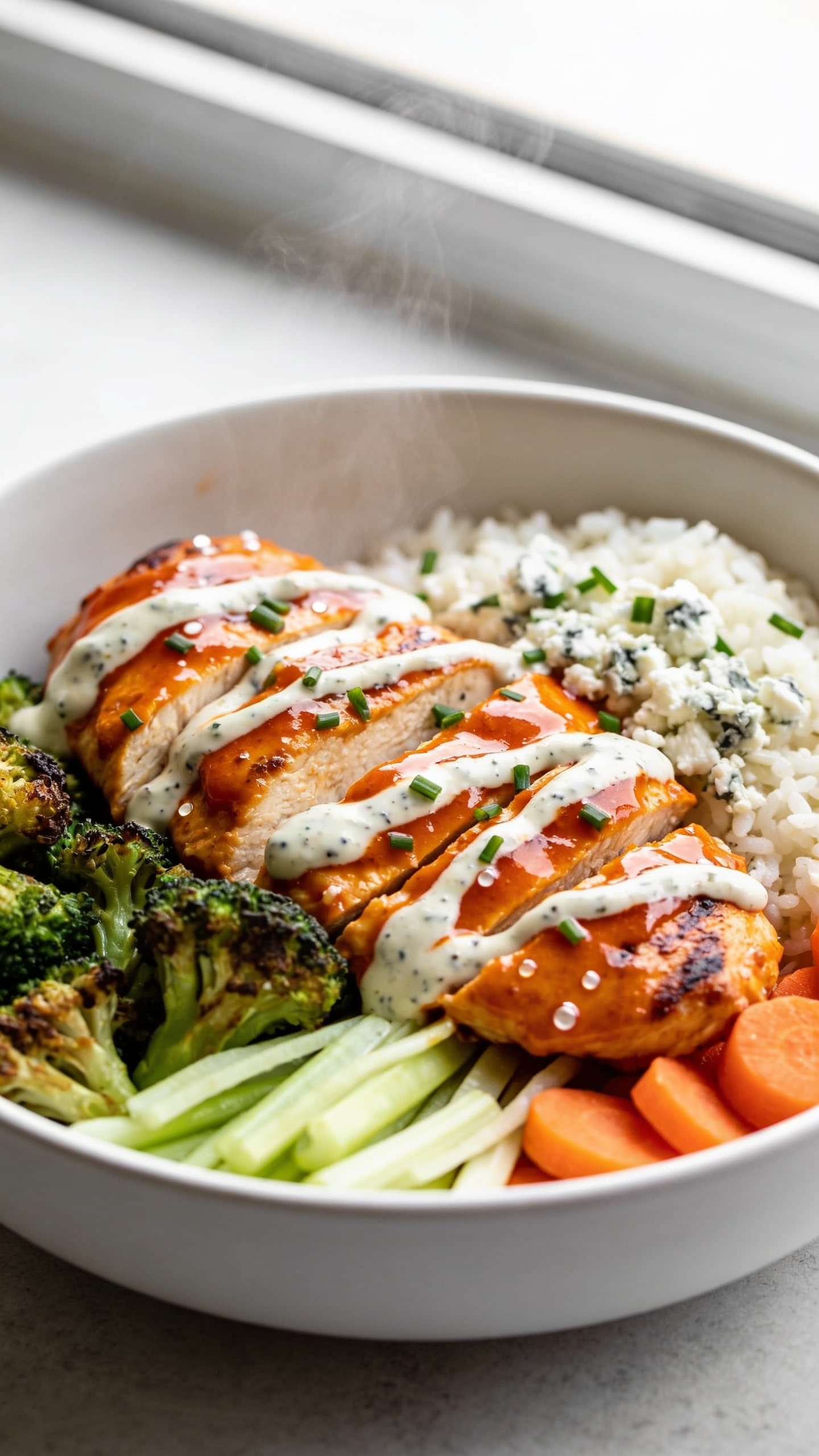 Extreme close-up hero shot of a high-protein buffalo ranch chicken meal-prep bowl: sliced juicy grilled chicken breast tossed in glossy orange-red buffalo sauce, draped with a cool, creamy drizzle of speckled ranch; nestled beside vibrant roasted broccoli florets, thinly sliced crunchy celery, and carrot coins, with a small section of fluffy white rice for balanced carbs; garnished with finely chopped chives and crumbled feta or blue cheese; sauce sheen and tiny droplets visible on chicken; steam subtly rising; bright natural window light, shallow depth of field, premium food-blog styling on a matte white shallow bowl filling 90â95% of the frame; colors pop (fiery buffalo, cool ranch, fresh green), no text, no hands.