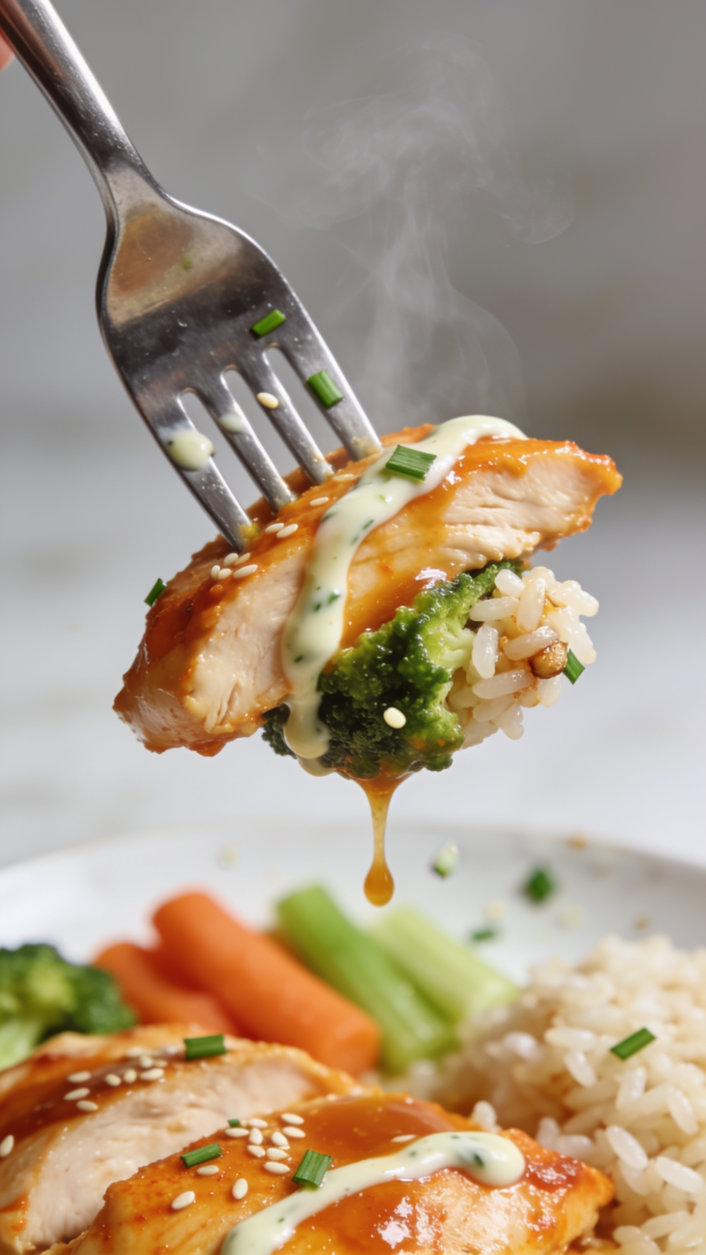 Dynamic action close-up: a polished fork lifting the perfect biteâone buffalo-sauced chicken slice glistening with a light ranch ribbon, a broccoli floret edge tucked in, and a single grain-clinging bite of riceâcaptured one second before the mouth; tiny rivulet of buffalo sauce slowly trailing from the lifted chicken back to the plate; visible steam, ranch speckles, and sesame-sized chive bits clinging; background plate blurred but showing remaining chicken, carrots, celery, and rice; bright natural lighting, shallow depth of field, ultra close crop with food filling 90â95% of frame, no hands, just the fork and irresistible motion.