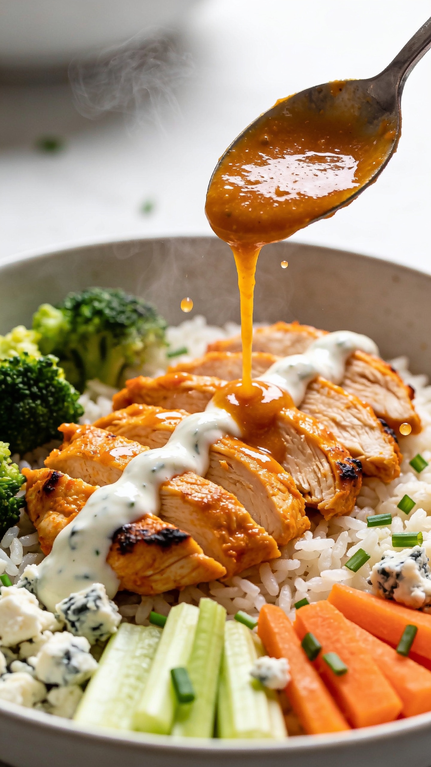 Mouthwatering macro close-up from a low 3/4 angle: the same bowl with buffalo chicken sliced and fanned over rice, a glossy spoonful of extra buffalo sauce being poured in a thin stream over the chicken, meeting a cool zigzag of ranch for a dramatic swirl; crisp broccoli, celery, and carrot edges sharp in foreground, blue cheese crumbles and chives scattered; tiny sauce droplets and texture of charred chicken edges emphasized; steam visible, bright natural light, shallow depth of field, food dominating 90â95% of the frame, cohesive styling to match images 1 and 2, no text, no hands.