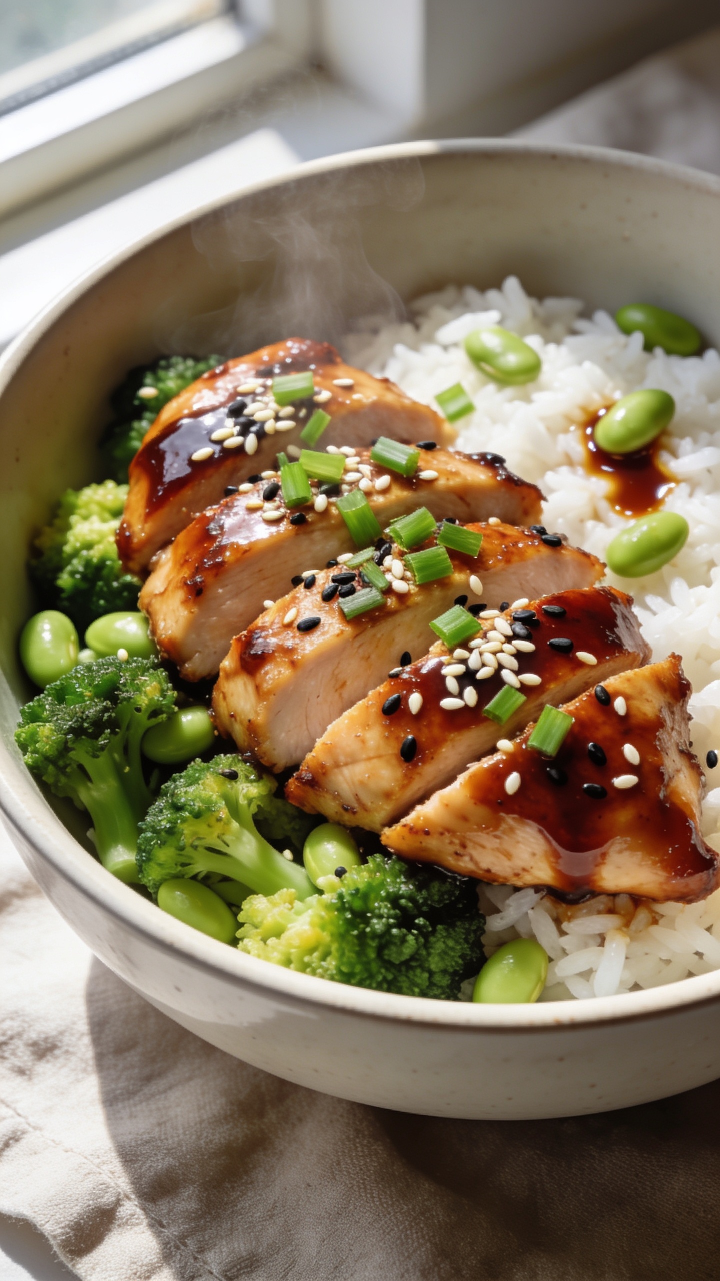 Ultra-close hero shot of a high-protein teriyaki chicken meal prep bowl: glossy sliced boneless skinless chicken thighs lacquered with a deep mahogany teriyaki glaze, sprinkled with toasted white and black sesame seeds and finely sliced green onions. Served over fluffy white jasmine rice with bright-steamed broccoli florets and a few edamame scattered for pop. A small pool of sticky sauce clings to the rice, catching light. Shot in bright natural window light, shallow depth of field, slightly angled overhead (three-quarter top-down). Food fills 90â95% of frame on a matte off-white ceramic bowl atop a neutral linen. Emphasize juicy chicken sheen, visible steam, vibrant greens, and clean, premium food-blog styling. No text.