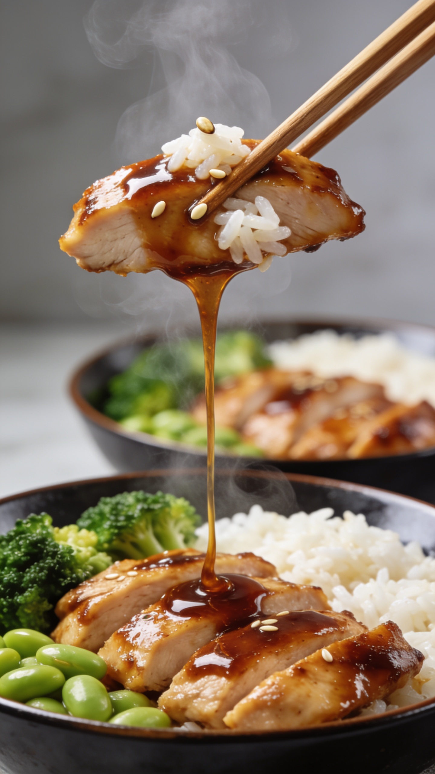 Dynamic action close-up: wooden chopsticks lifting the perfect bite of the finished teriyaki chickenâone glossy slice with a few grains of jasmine rice and a sesame seed clingingâhovering just inches above the bowl. A slow ribbon of teriyaki glaze stretches from the lifted piece back to the remaining chicken, with wisps of steam rising. In the blurred background of the same bowl, see the rest of the sliced chicken, fluffy rice, and vivid broccoli/edamame, all matching the hero image. Bright natural lighting, very shallow depth of field, dramatic sauce gloss, movement frozen at the most mouthwatering moment. Food occupies 90â95% of frame. No hands visible, only chopsticks tip.