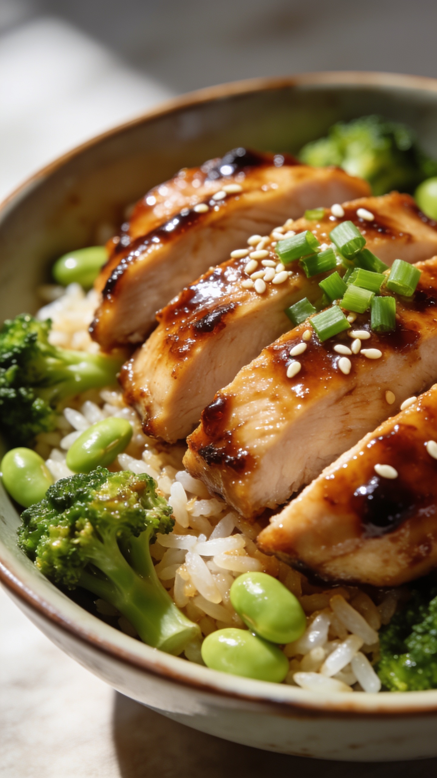 Extreme macro side-angle close-up focusing on textures: the same bowl and plating as the heroâthickly glazed, sliced teriyaki chicken arranged over jasmine rice with broccoli and scattered edamame. Emphasize the lacquered glaze beading on the chickenâs edges, tiny sesame seeds and minced green onions resting on top, individual rice grains catching highlights, and crisp broccoli texture. Bright natural light raking from the side, shallow depth of field with foreground chicken tack-sharp and background softly blurred. Food fills 90â95% of frame, premium food-blog styling consistent with images 1 and