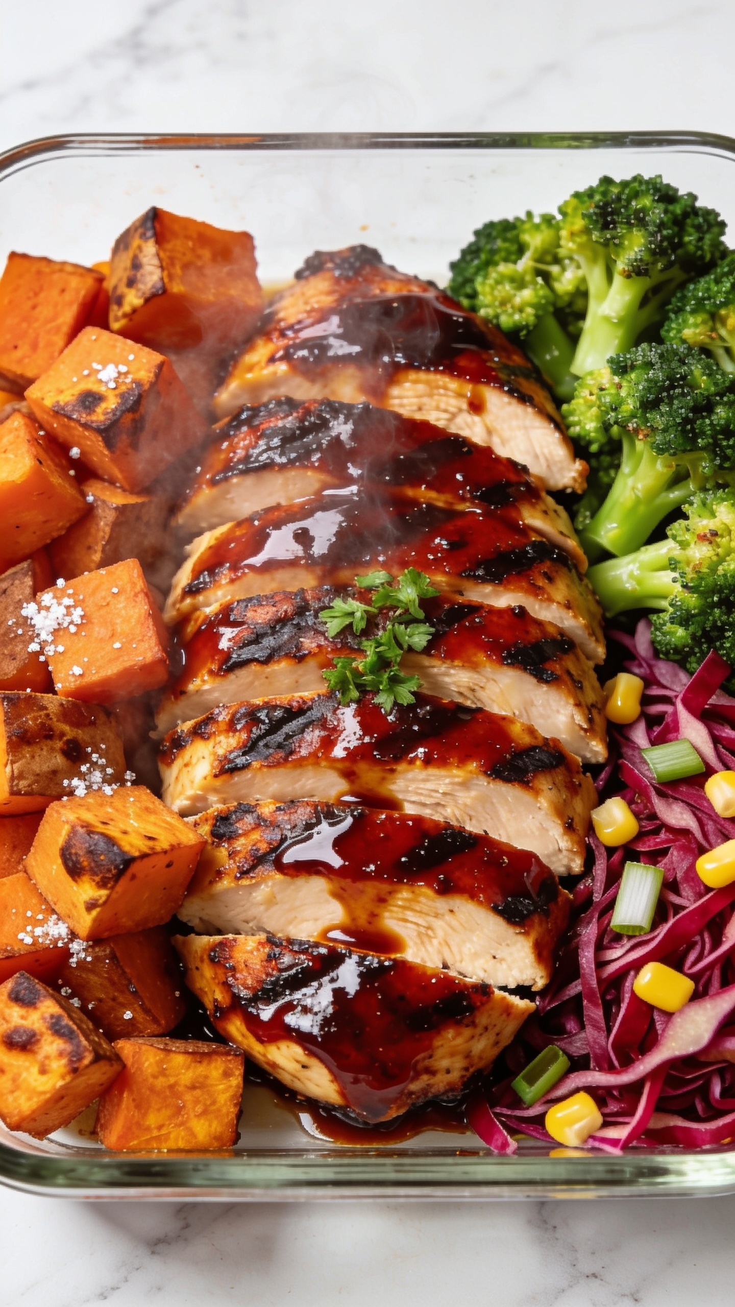 Ultra-closeup hero shot of a high-protein BBQ chicken meal prep in a rectangular glass container, 90–95% frame filled with food. Center: thick sliced grilled chicken breast glazed in a glossy dark-red smoky-sweet BBQ sauce, visible char grill marks, edges slightly caramelized, sauce pooling lightly on the chicken. Left side: roasted sweet potato cubes with lightly blistered edges and a touch of sea salt. Right side: bright-crisp steamed broccoli florets and thinly sliced red cabbage slaw with a few corn kernels and chopped scallions for pop. Tiny sprinkle of chopped fresh parsley over the chicken for color. Natural daylight from the left, shallow depth of field, soft white marble surface, no utensils, no text, premium food-blog styling, vibrant colors, steam subtly visible from freshly prepared components.