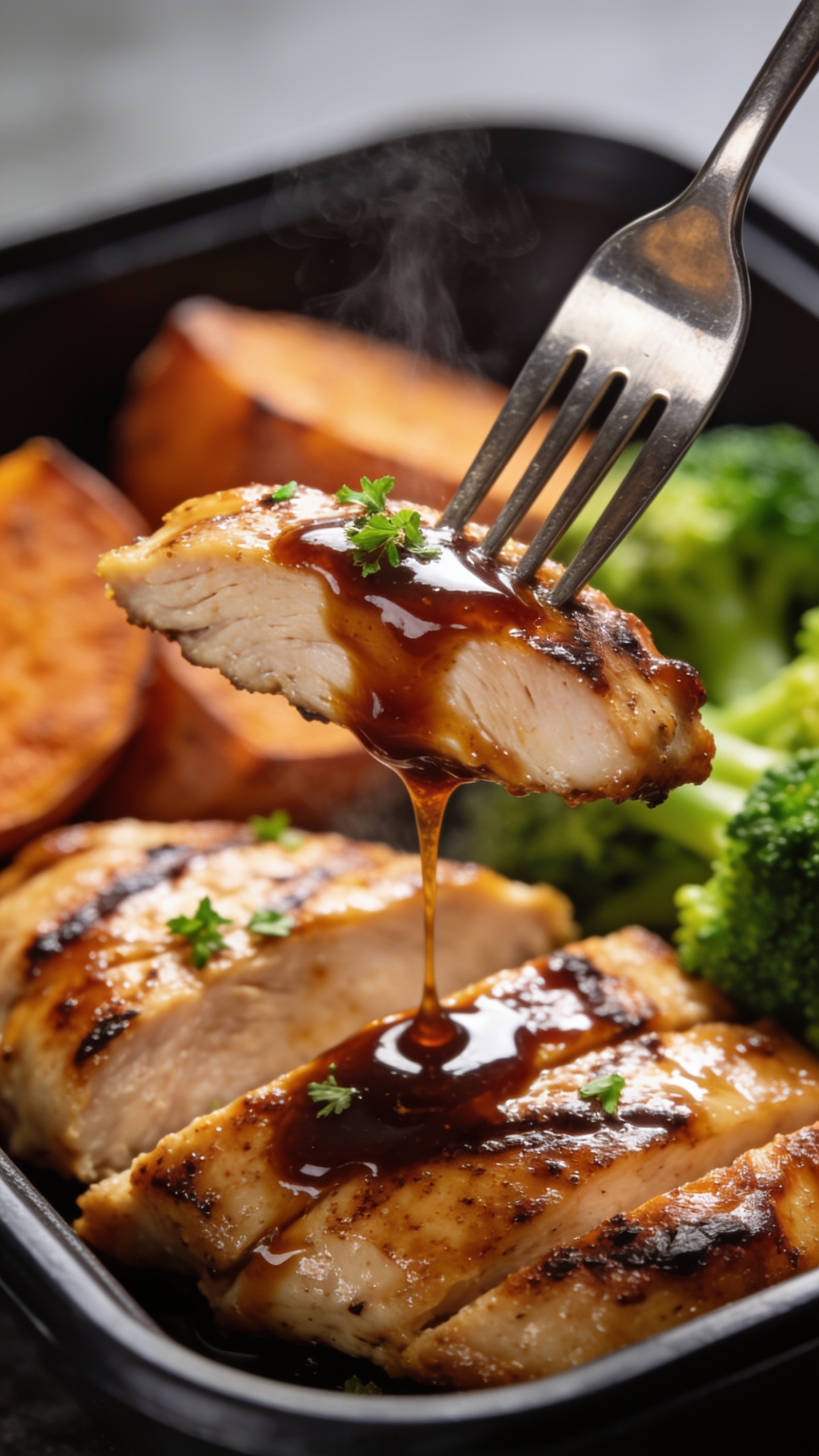 Extreme closeup action moment of the same BBQ chicken meal prep, 90–95% frame filled with food. A polished fork lifts a perfect bite: a juicy slice of the glazed grilled chicken with a glossy ribbon of BBQ sauce clinging and slowly dripping back toward the container, catching the light. Background blur shows roasted sweet potatoes and bright broccoli in soft focus. Tiny flecks of parsley on the chicken, faint steam rising. Natural side lighting, shallow depth of field, high contrast on the sticky sauce, no hands or people, no text.