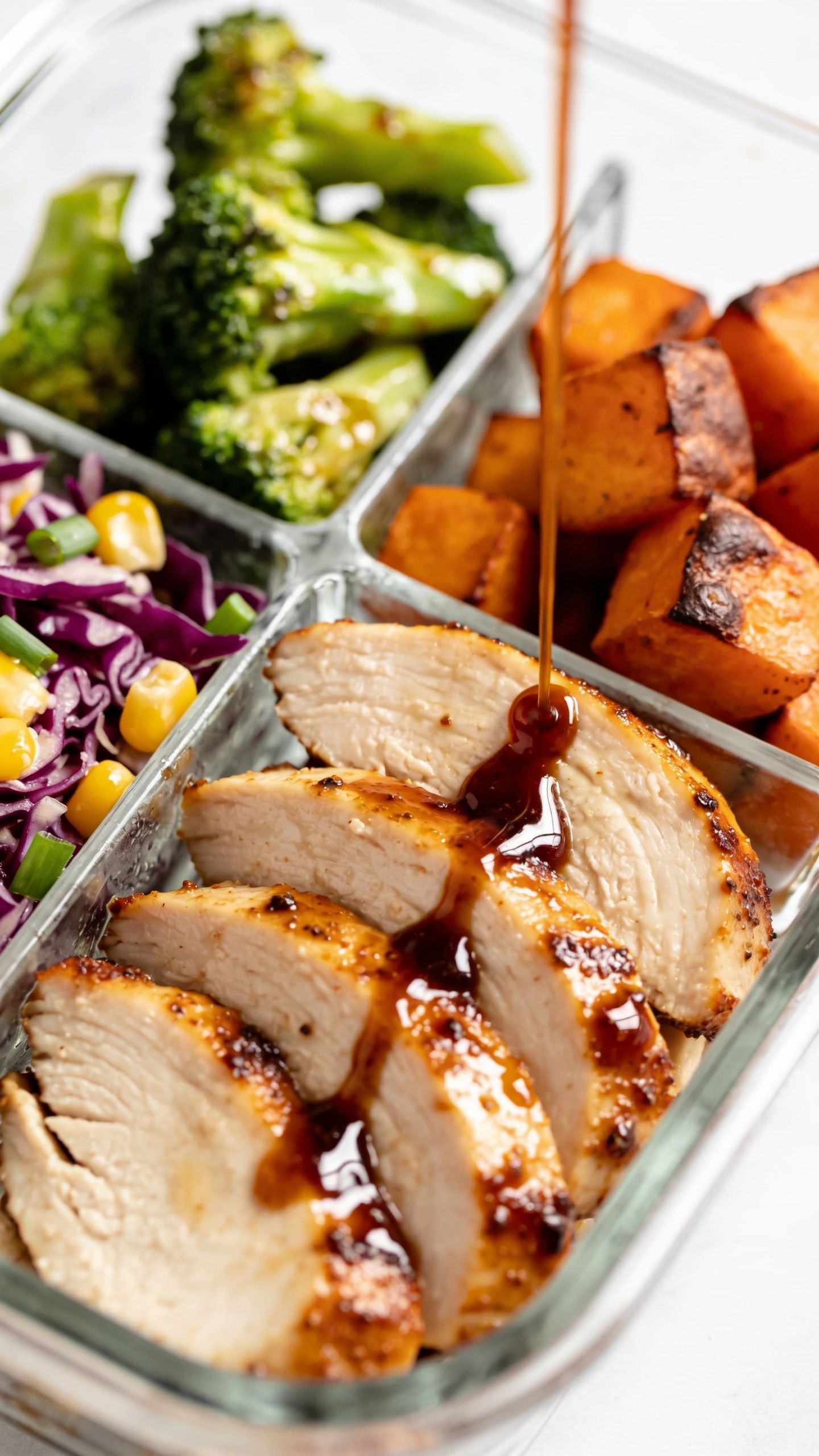 Tight macro angle from slightly overhead, 90–95% frame filled with the same meal in the same glass container. Focus on sauced chicken slices fanned neatly, thick glaze brushed on, micro-beads of sauce glistening, caramelized edges crisp. Adjacent compartments show sharp, vibrant textures: sweet potato cubes with roasted, browned corners; broccoli florets vivid green with a light sheen; a small section of purple cabbage slaw with corn and scallions. A thin barbecue sauce drizzle trails across two chicken slices, catching natural window light. Shallow depth of field, bright natural lighting, clean white backdrop, premium food-blog styling, no utensils, no text.