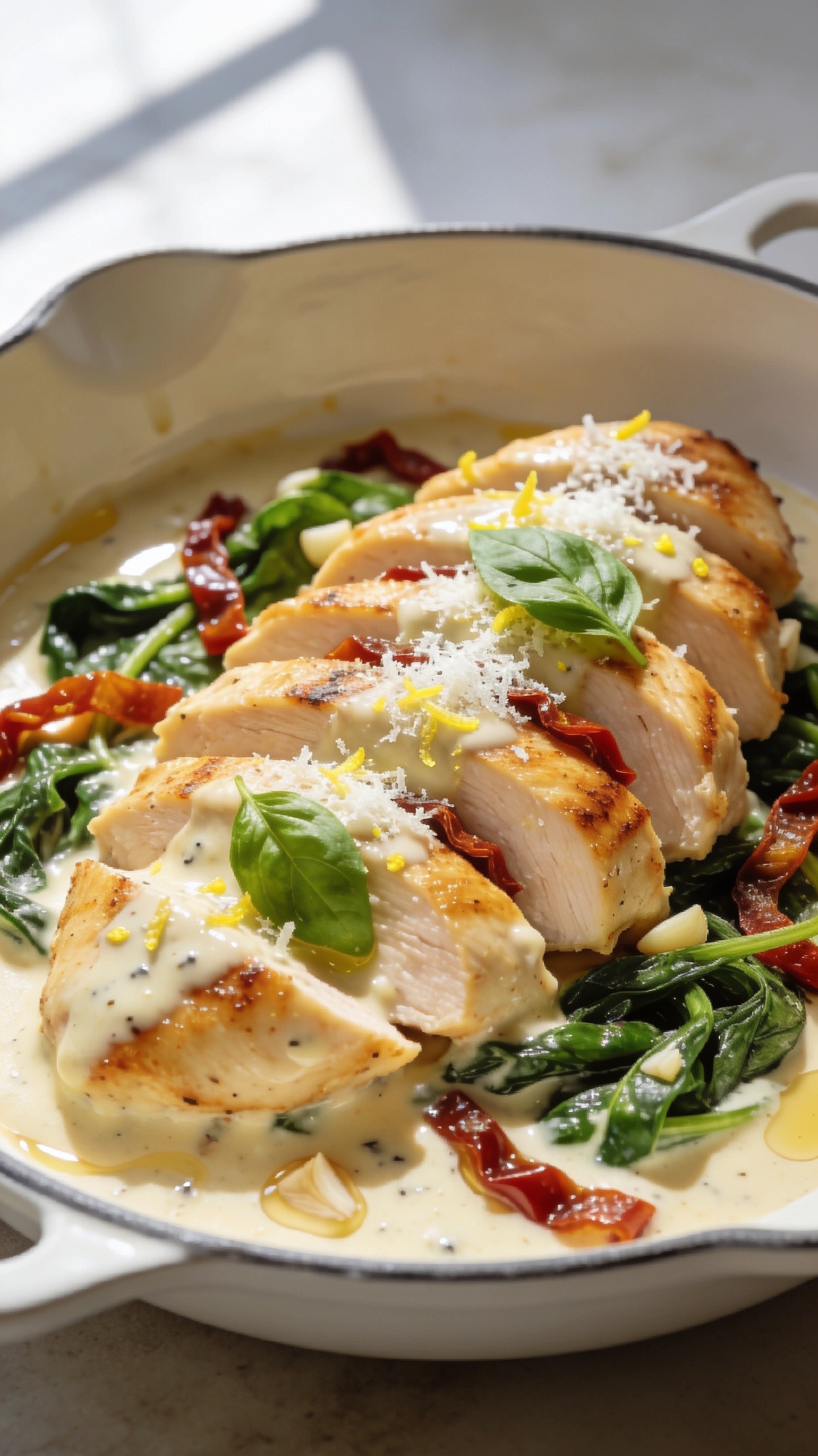 Ultra close-up hero shot of High Protein Creamy Tuscan Chicken: seared golden chicken breasts sliced and fanned in a shallow white ceramic skillet, smothered in glossy light-cream parmesan sauce with visible flecks of garlic; ribbons of wilted spinach and jewel-like sun-dried tomato strips throughout; a few fresh basil leaves and a fine snow of micro-grated parmesan on top; lemon zest speckles adding brightness; sauce pooling silkily around the chicken with gentle highlights; bright natural window light from the left, soft shadows to the right, shallow depth of field, creamy bokeh; food fills 90–95% of frame, no utensils, no hands, premium food-blog styling.